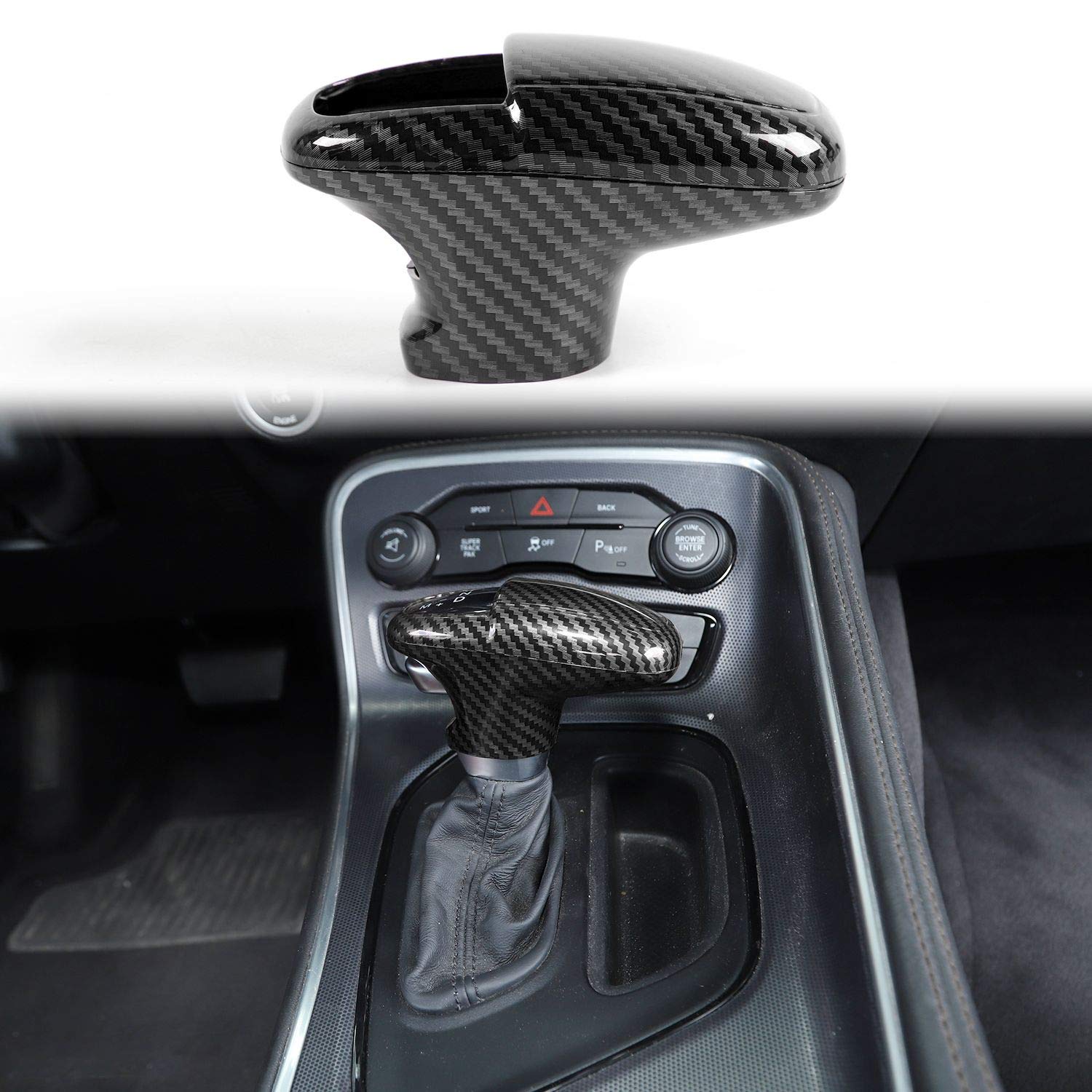 ABS Carbon Fiber Gear Shift Knob Cover for Dodge Challenger (2015-2025), Charger (2018-2025), Durango (2018-2025) - 3pc Interior Accessories Set - Upgrade Your Ride with Premium Style & Grip for Daily Driving & Car Shows