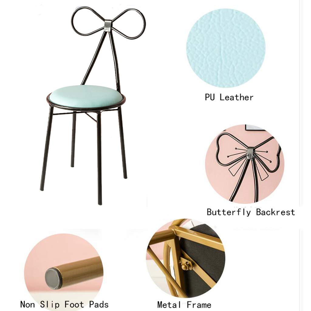 JHSLXD Makeup Vanity Chair with PU Leather/Flannel Upholstery - Black Backrest Dressing Stool, Wrought Iron Frame for Bedroom, Lounge & Reading - White Decorative Furniture for Home & Salon Use