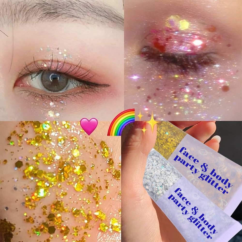 **Shimmering Body Glitter Gel for Face & Body - Holographic Sparkle Makeup for Concerts, Festivals & Halloween - Long-Lasting Chunky Sequins Glitter for Eyes, Lips, Hair & Nails - Perfect for Rave, Cosplay & Party Accessories**