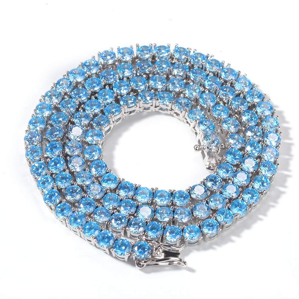 18K Gold Plated CZ Simulated Diamond Tennis Chain Necklace for Men - 4mm Iced Out Blue Hip Hop Jewelry Gift for Birthday, Anniversary & Special Occasions