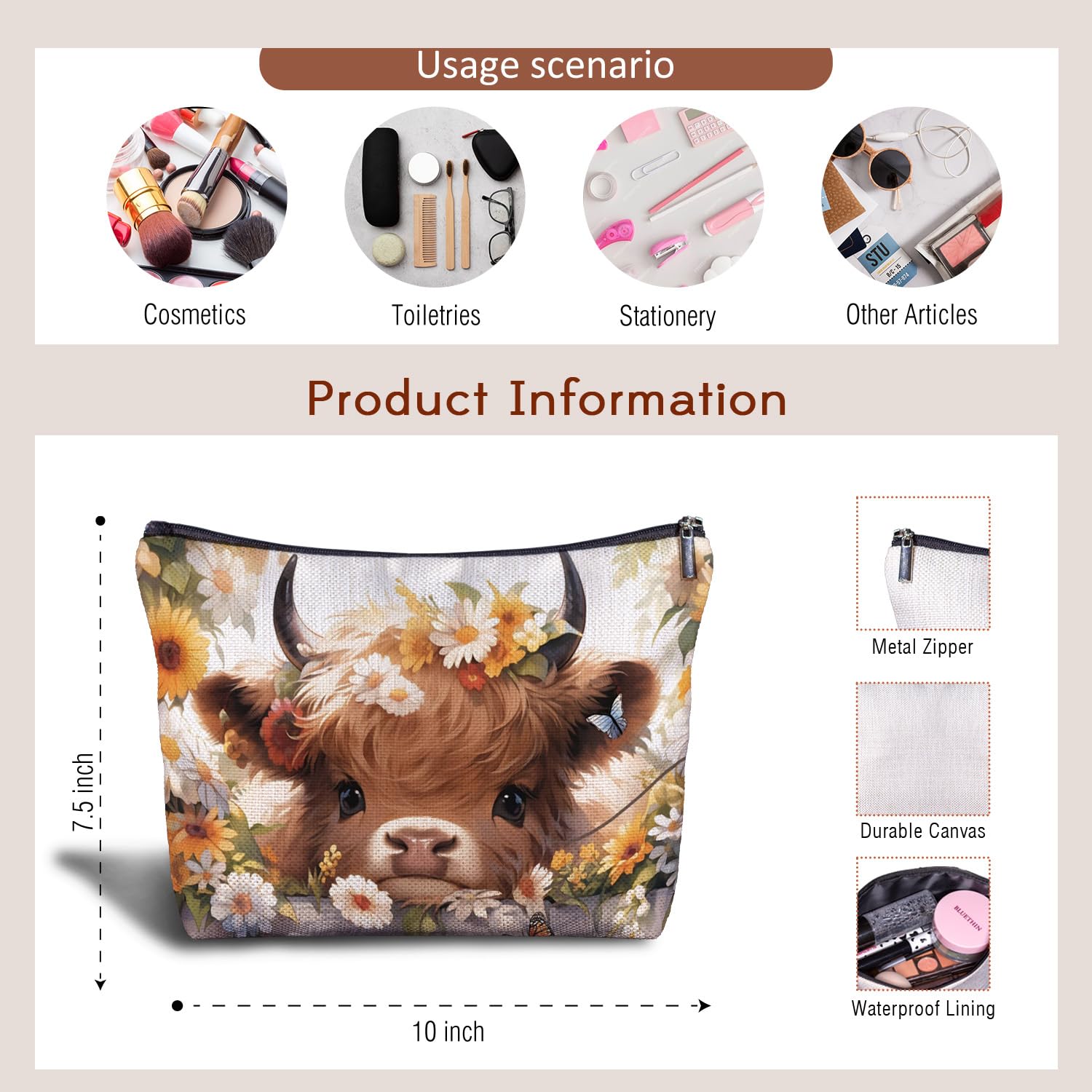 Floral Highland Cow Makeup Bag - Cute Western Cow Cosmetic & Toiletry Pouch for Women | Perfect Cow Lover Gift, Travel Organizer, Birthday Present for Her - Great for Travel, Gym, and Daily Essentials Storage