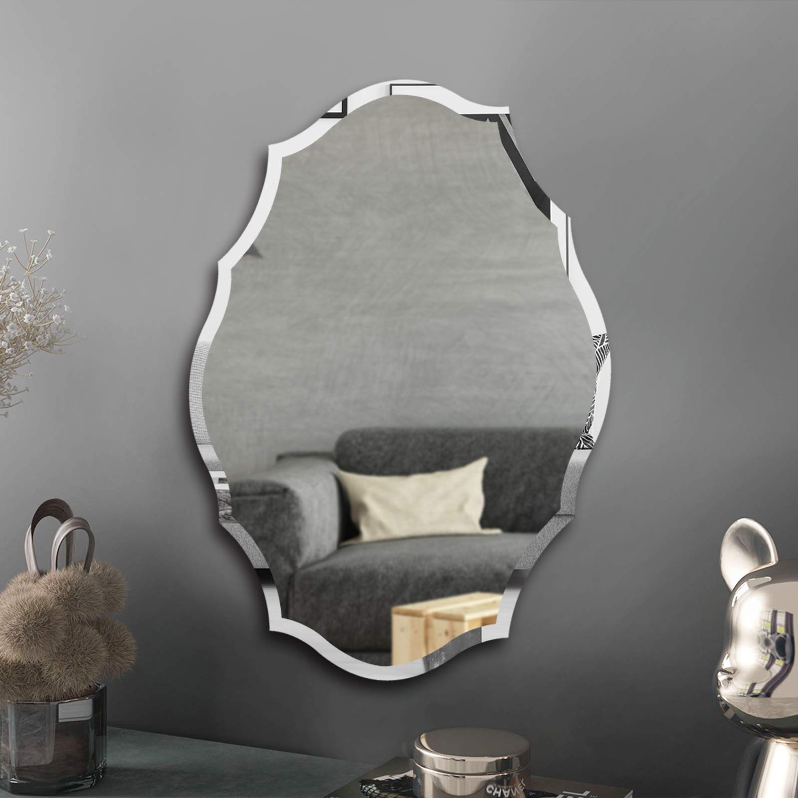 KOHROS Scalloped Frameless Wall Mounted Bathroom Mirror - Emma Shaped Decorative Mirror for Living Room, Bedroom, Office & Entrance Decor (24