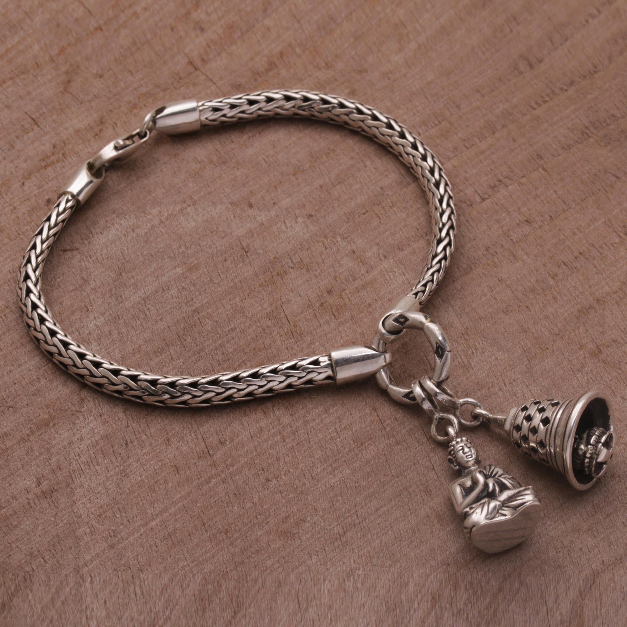 Handmade Sterling Silver Bali Buddha Charm Bracelet - Stupa Bell & Geometric Buddhism Design (1.2