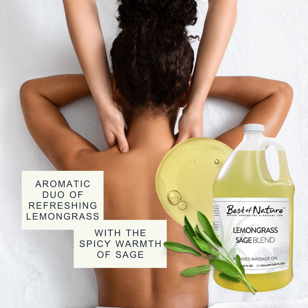 **Best of Nature Lemongrass & Sage Massage Oil – Non-Greasy Aromatherapy Body Oil for Relaxation, Skin & Face Care – Pure Essential Oils, 64 fl oz (Half Gallon) – Perfect for Spa, Yoga & Stress Relief**