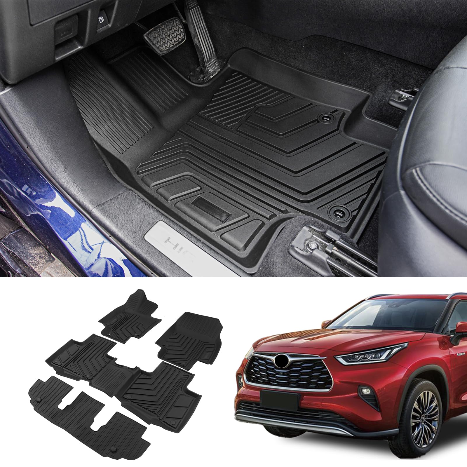 All-Weather TPE Floor Mats for 2020-2025 Toyota Highlander 3-Row SUV | Custom Fit 7-Seater Car Accessories | Durable Protection for Mud, Snow & Spills