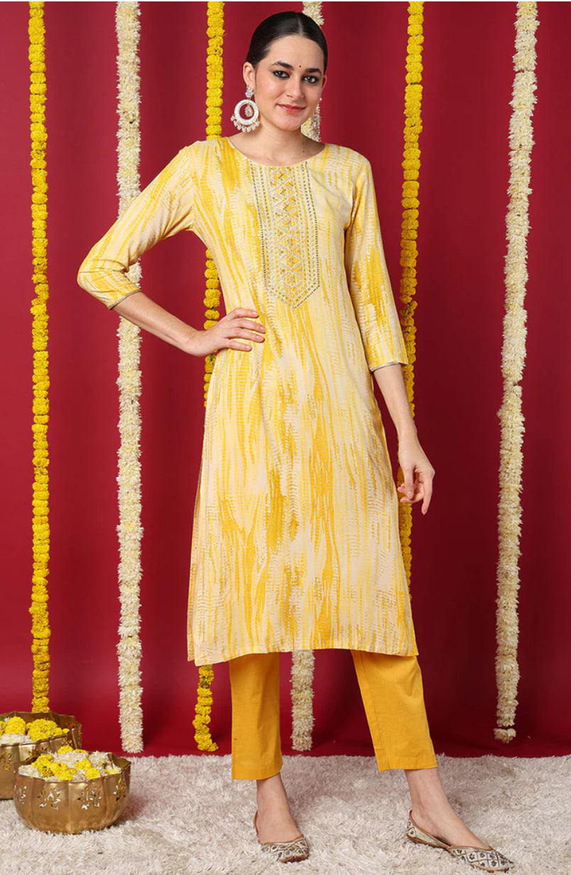 Stylish Yellow Viscose Rayon Abstract Printed Straight Kurta for Women - Comfortable Ethnic Wear for Festivals, Parties & Casual Outings