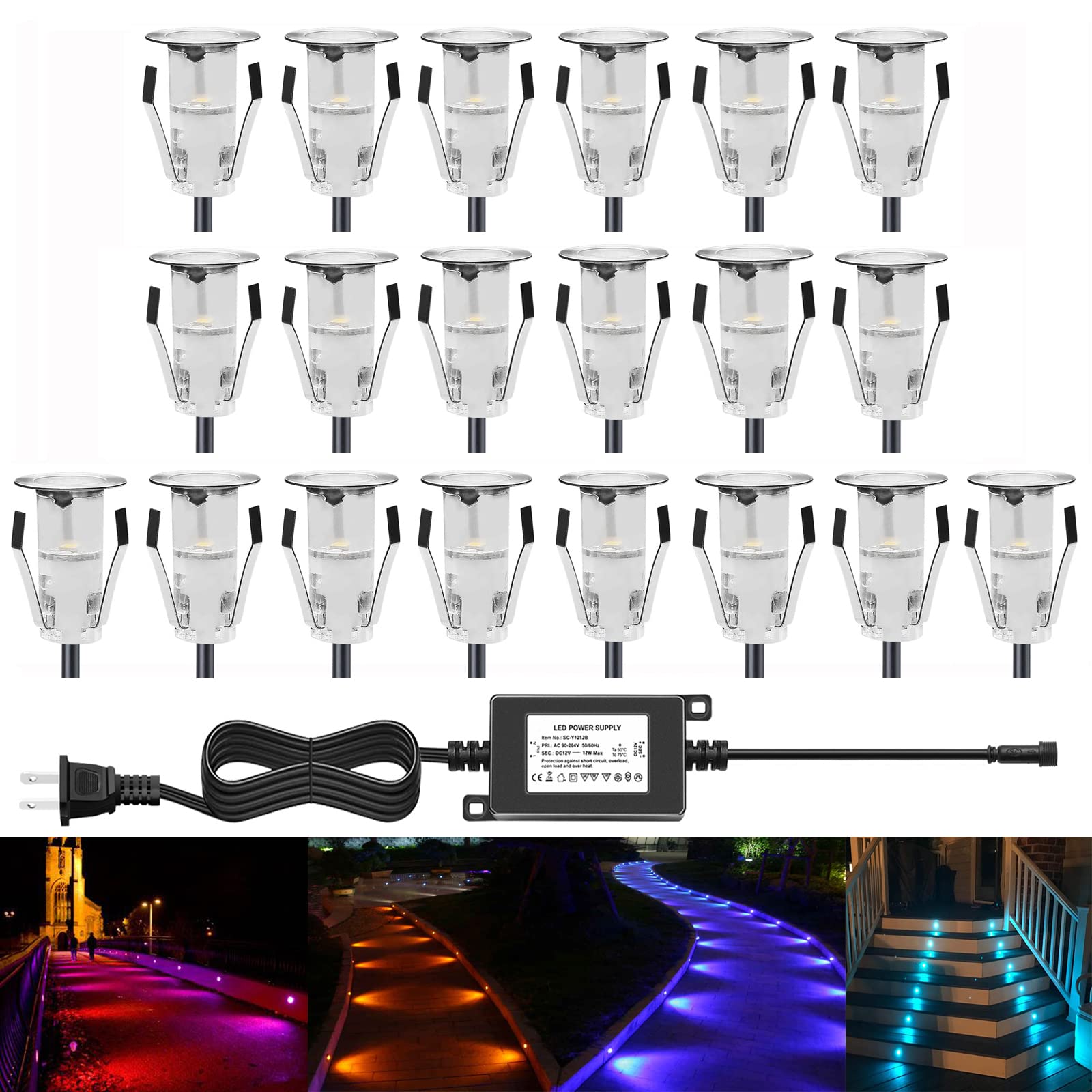 RGB Waterproof LED Deck Lights - 20pcs Multi-Color Recessed Step Lighting for Wood Decks, Driveways, Docks & Pathways | Indoor/Outdoor Security & Decoration | IP65 Rated for Patio, Garden & Staircase Lighting