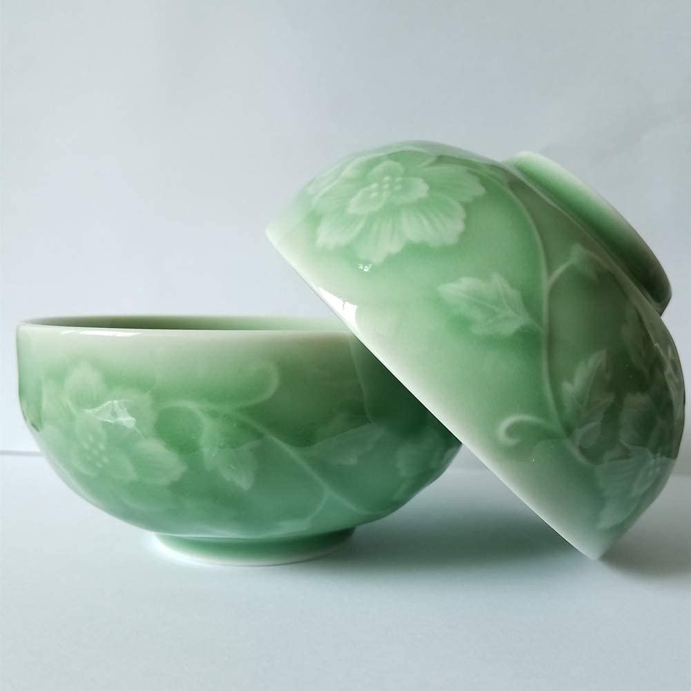 4.5 Inch Chinese Porcelain Rice Bowl with Hand-Painted Peony Design - Light Green Asian Dinnerware for Home Dining & Restaurant Use