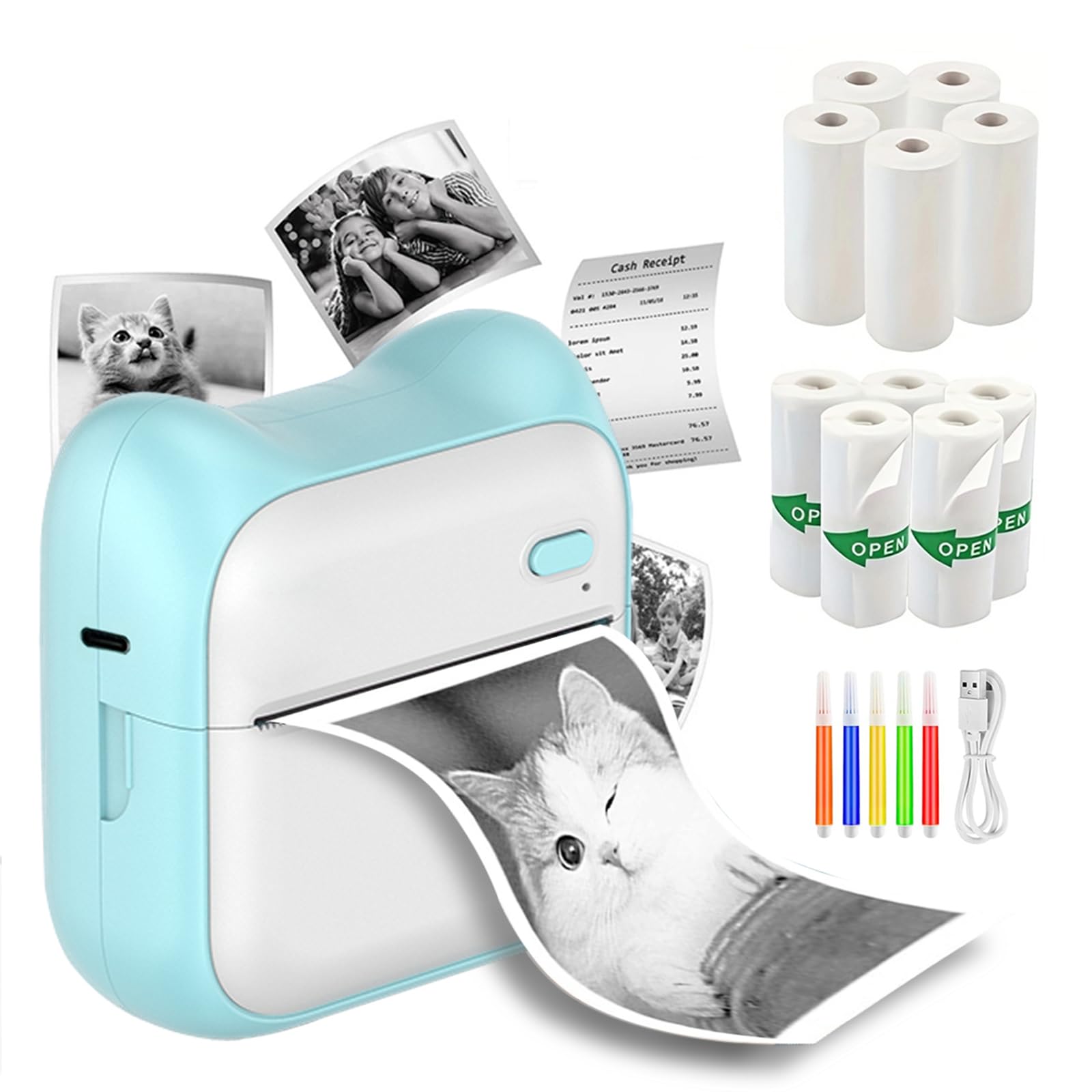 Mini Portable Inkless Thermal Sticker Printer with 11 Rolls Paper - Pocket-Sized Wireless Photo Printer for Journaling, Note Taking, Memos & DIY Stickers - Perfect for Travel, Office & School Use