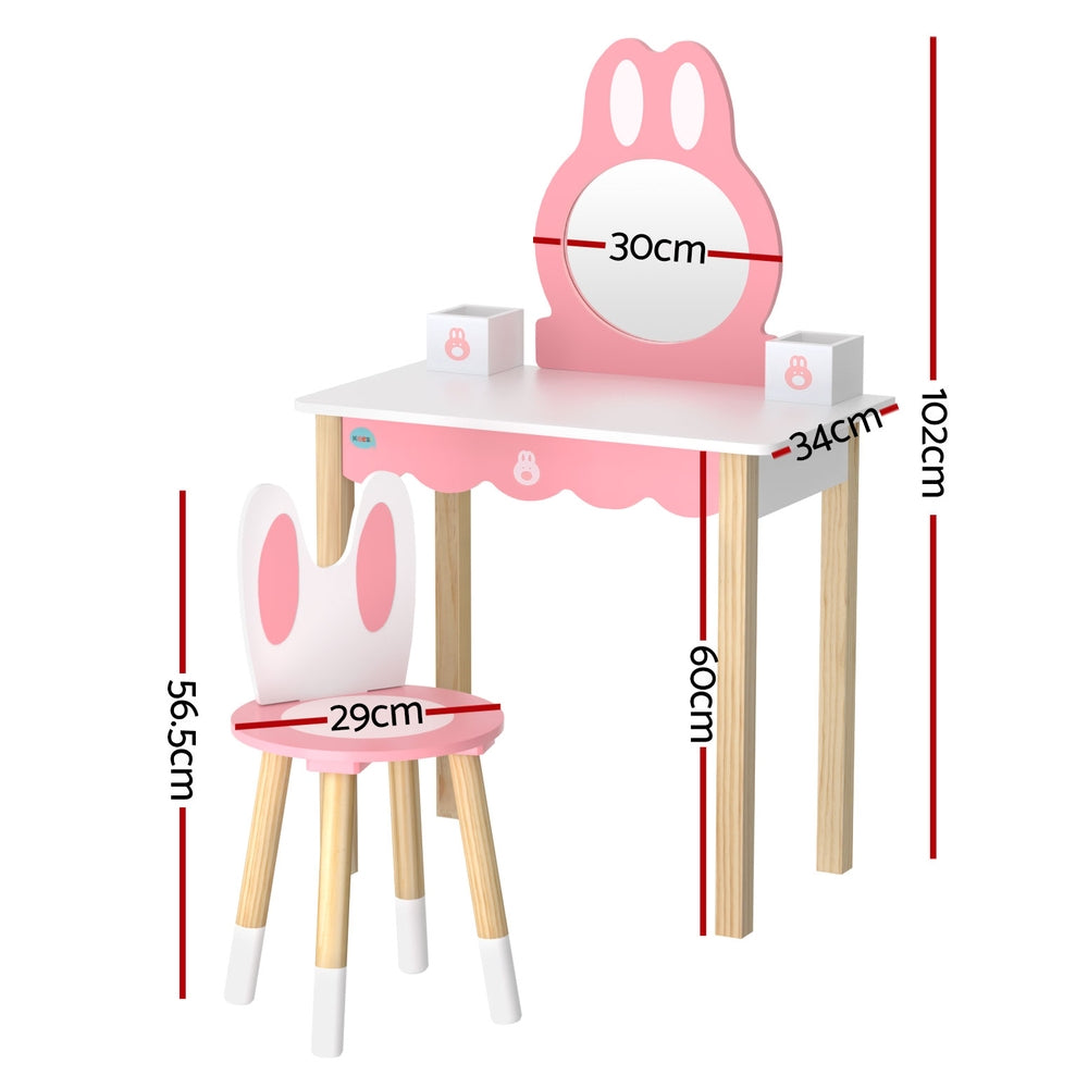 Keezi Kids Wooden Bunny Dressing Table Set - Pink Vanity for Girls Bedroom, Pretend Play & Makeup Dress Up (1 Set) - Perfect for Birthday Gifts, Princess Room Decor & Toddler Imaginative Play