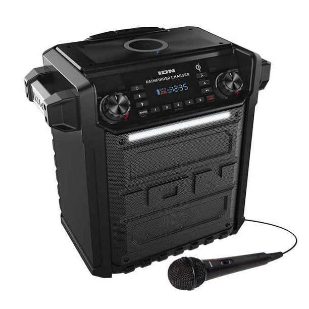 ION Pathfinder Charger - Bluetooth Portable Speaker with Wireless Qi Charging | Waterproof Outdoor Speaker for Camping, Beach & Pool Parties | Perfect for Travel, Hiking & Home Use