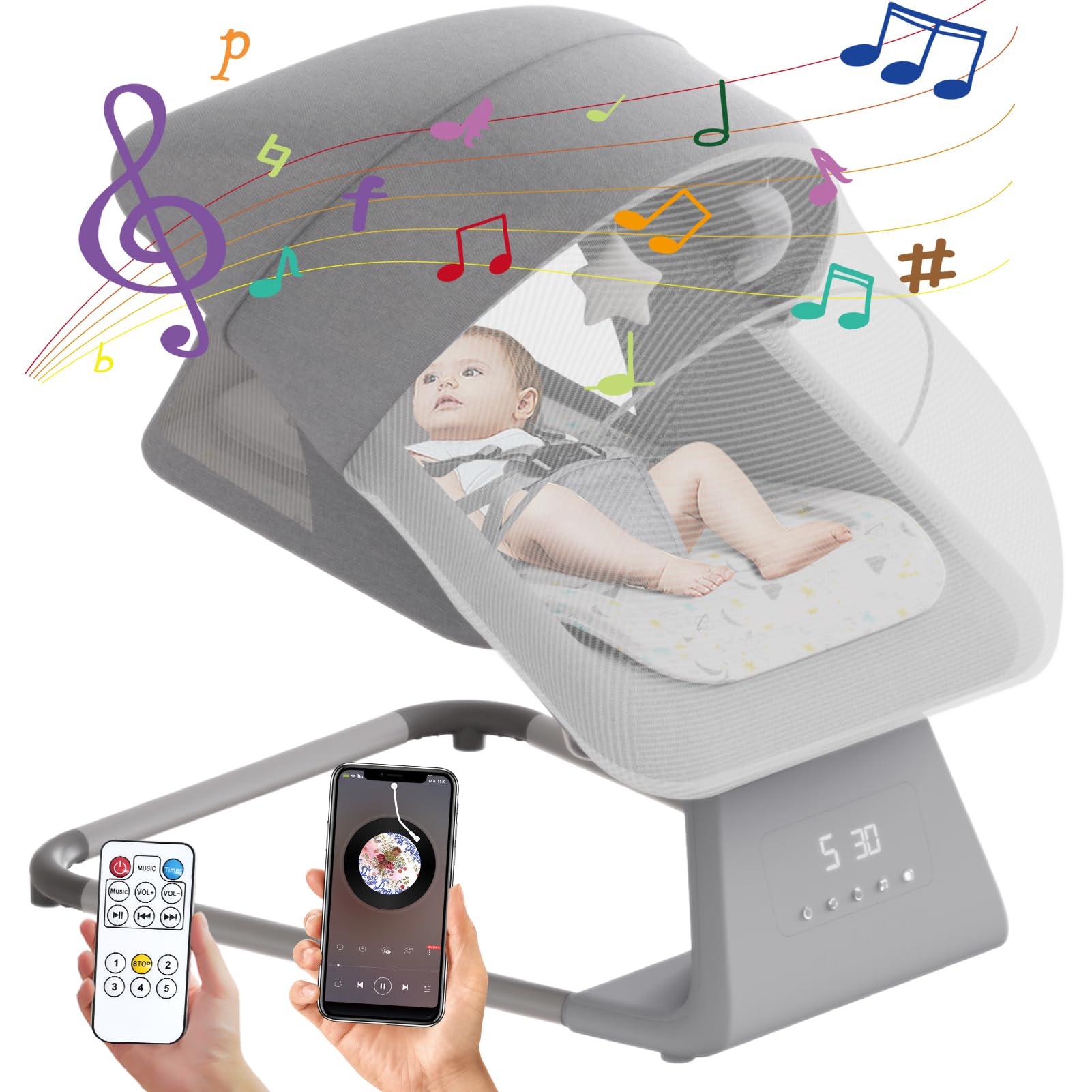 Baby Swing for Infants & Toddlers - Portable Indoor Rocker with Remote, 5 Speed Settings, Bluetooth & 11 Lullabies - Newborn Bouncer for Boys & Girls (Perfect for Nursery, Daycare & Travel)