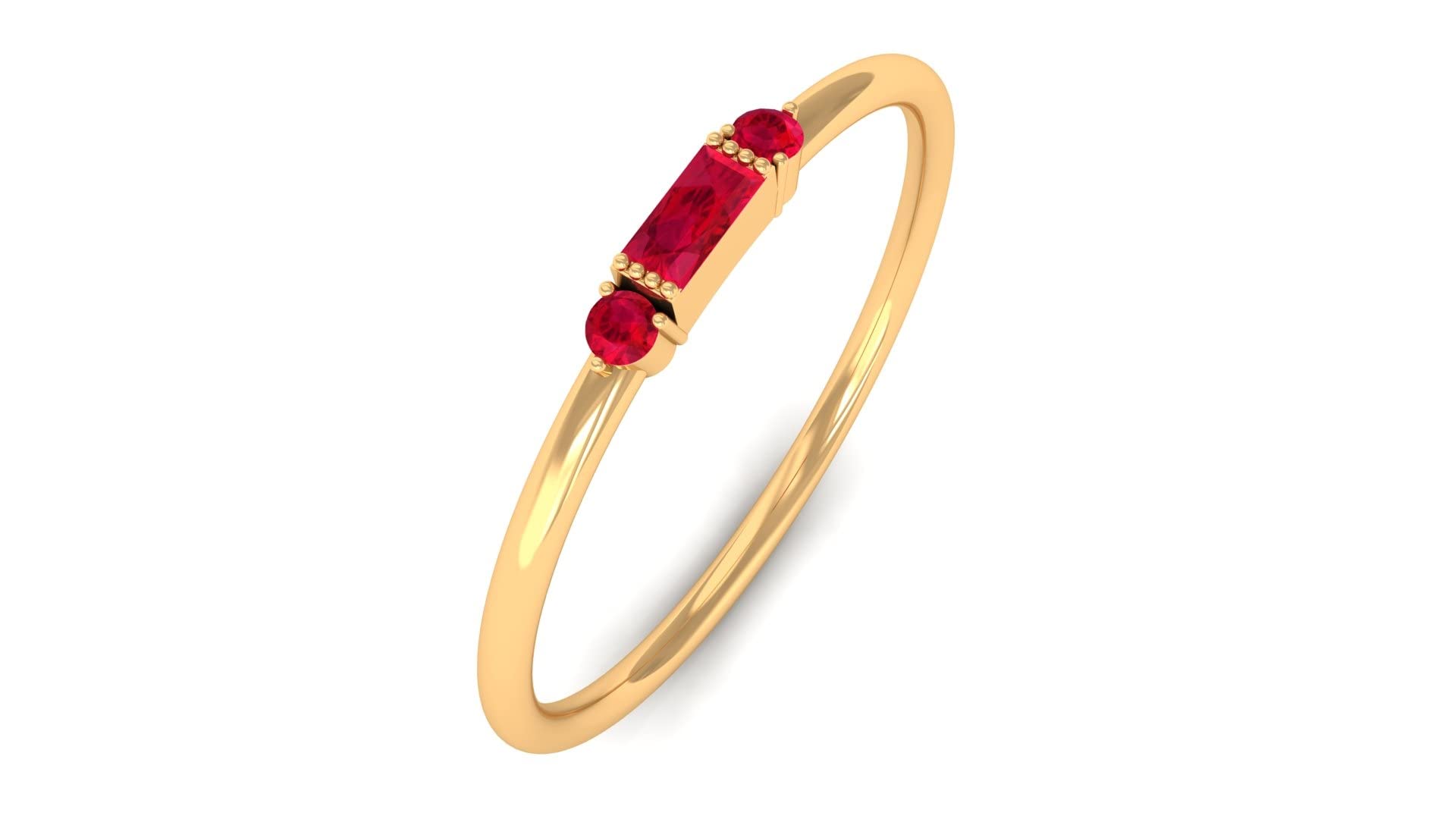14K Solid Gold Created Ruby Minimal Ring for Women - Baguette & Round Cut Stackable Promise Ring | Elegant Jewelry for Engagement, Anniversary & Everyday Wear