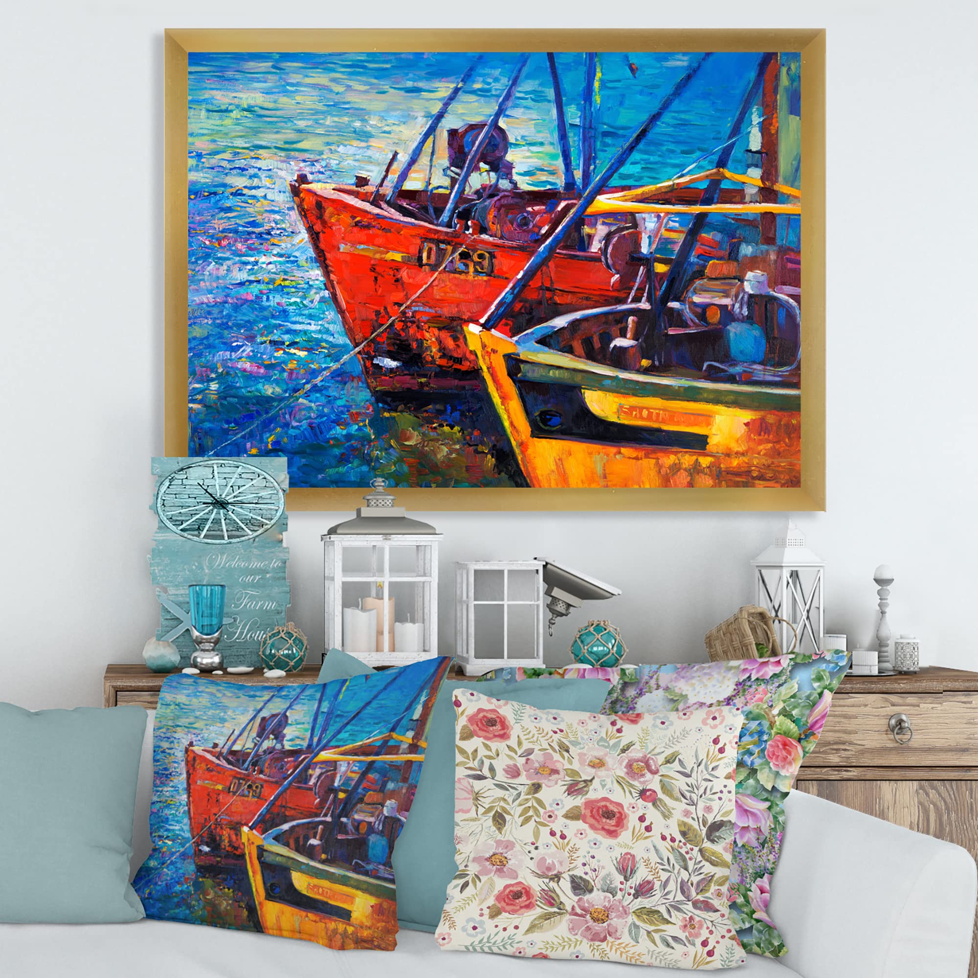 DesignQ Boats on Water at Sunset - Nautical Coastal Framed Wall Art for Living Room, Bedroom & Office Decor