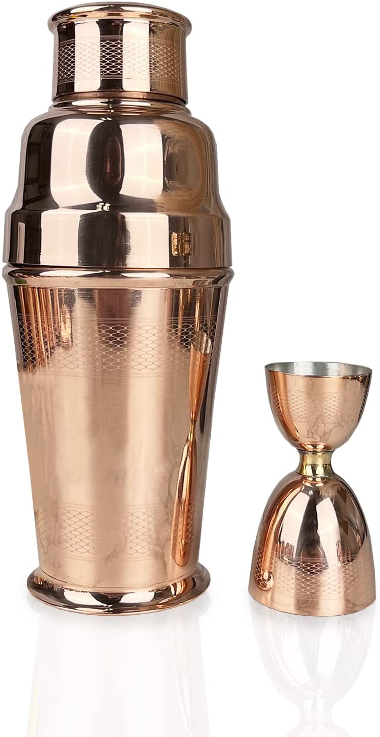 Vintage Inspired Copper & Brass Cocktail Shaker Set with Jigger - 1900s Art Deco Style Barware - Engine Turn Pattern for Classic Cocktails & Home Mixology