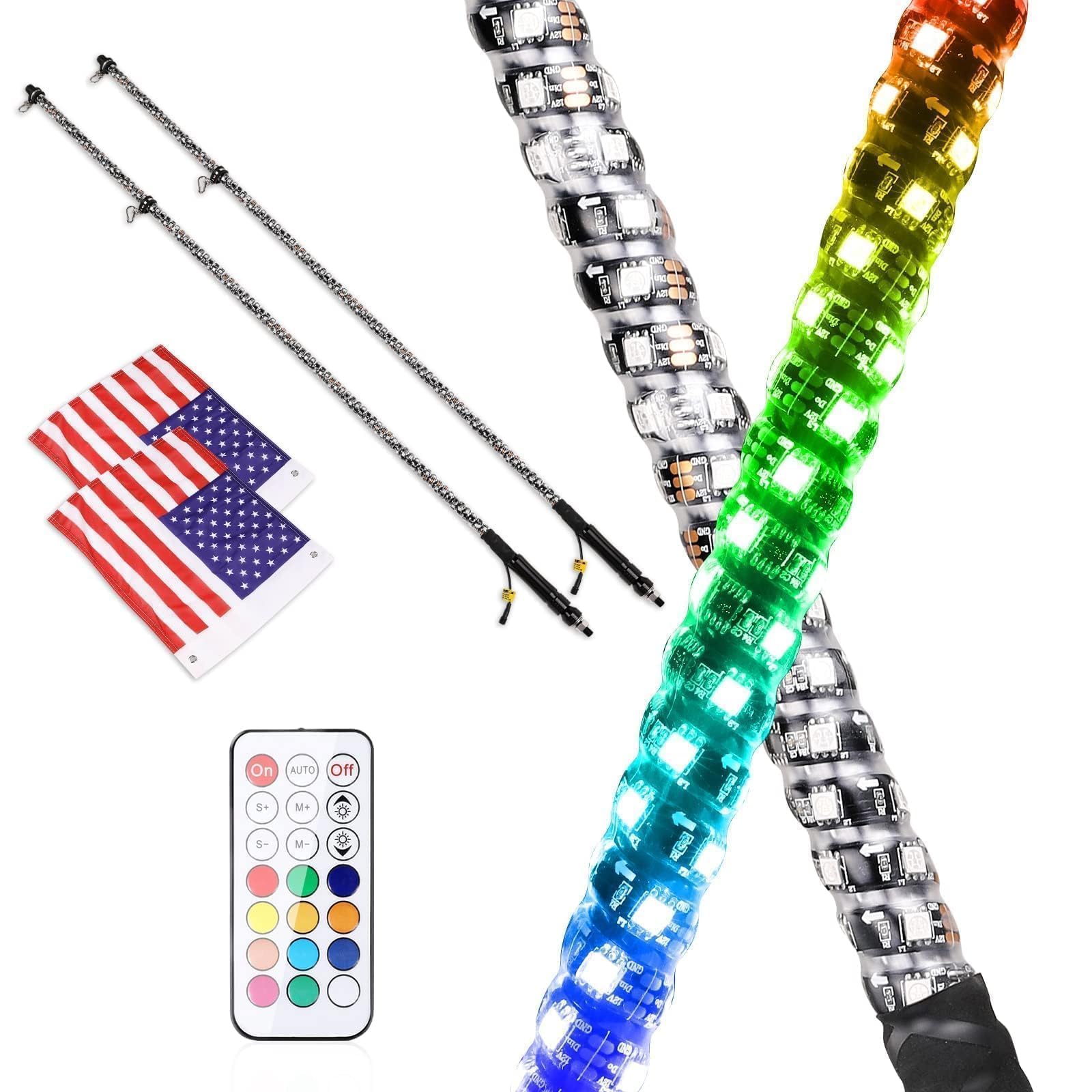 AKD 2Pcs 5FT RGB LED Whip Lights for UTV ATV SXS - Remote Control Spiral Chasing Lights with Flags | Compatible with Polaris RZR, Can-Am, Kawasaki, Honda, Yamaha | Perfect for Off-Roading, Night Rides & Boat Parties