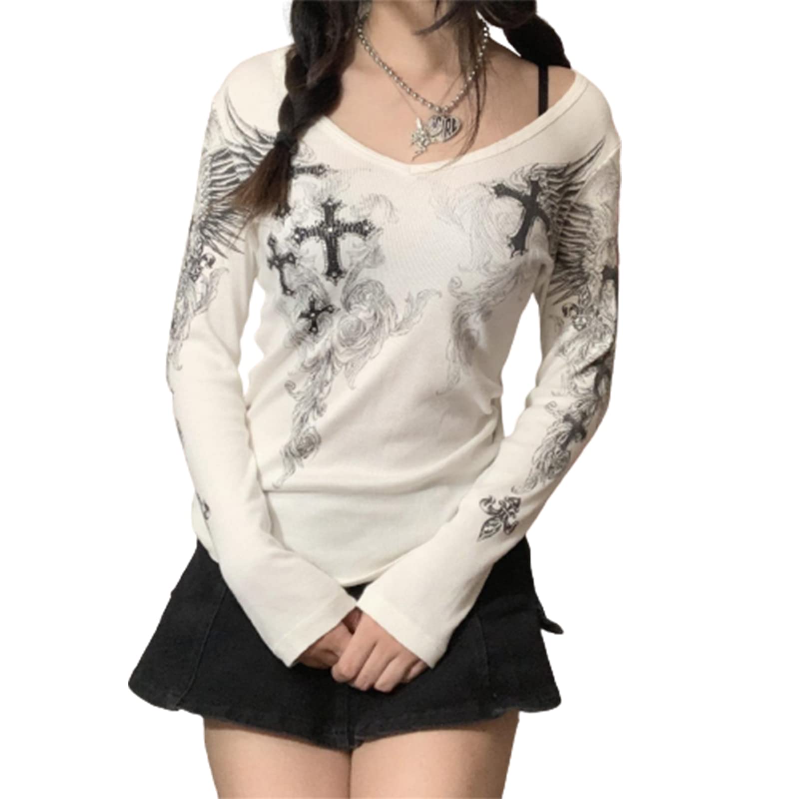 Vintage Rhinestone Star Graphic Women's Fairy Grunge Long Sleeve Crop Top - Slim Fit Aesthetic T-Shirt for Harajuku Streetwear (Crosses White, L) | Perfect for Music Festivals, Rave Outfits & Y2K Fashion