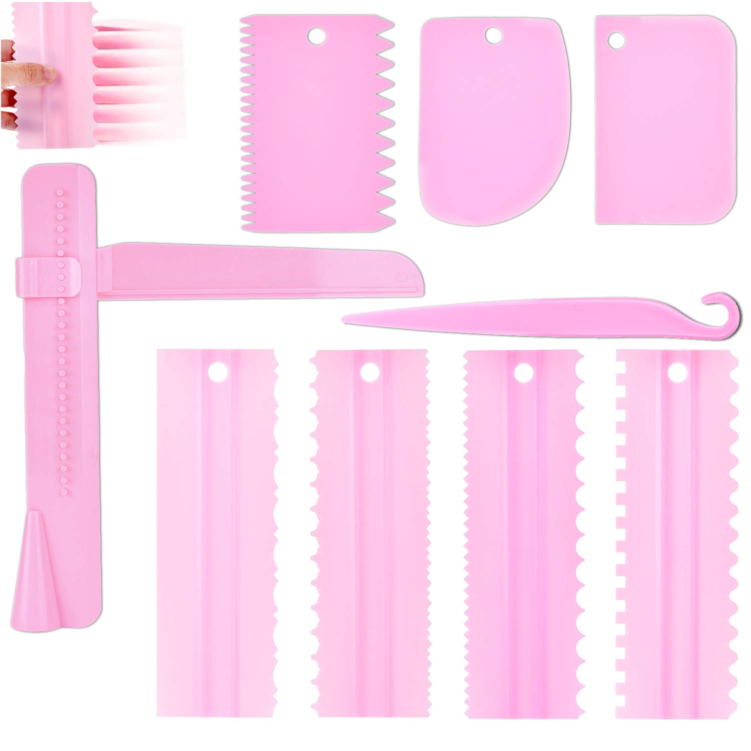 9-Piece Cake Scraper Set - Plastic Sawtooth Cake Decorating Comb, Icing Smoother & Edge Polisher - Baking Tools for Cake Decorating, DIY Dessert Making - Perfect for Home Bakers & Professional Cake Designers (Pink)