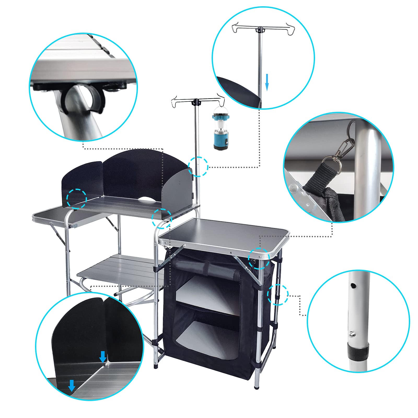 CampLand Portable Folding Camping Table - Lightweight Aluminum Outdoor Cooking Station with Storage Organizer for Picnics, BBQ & RV Trips (Black)