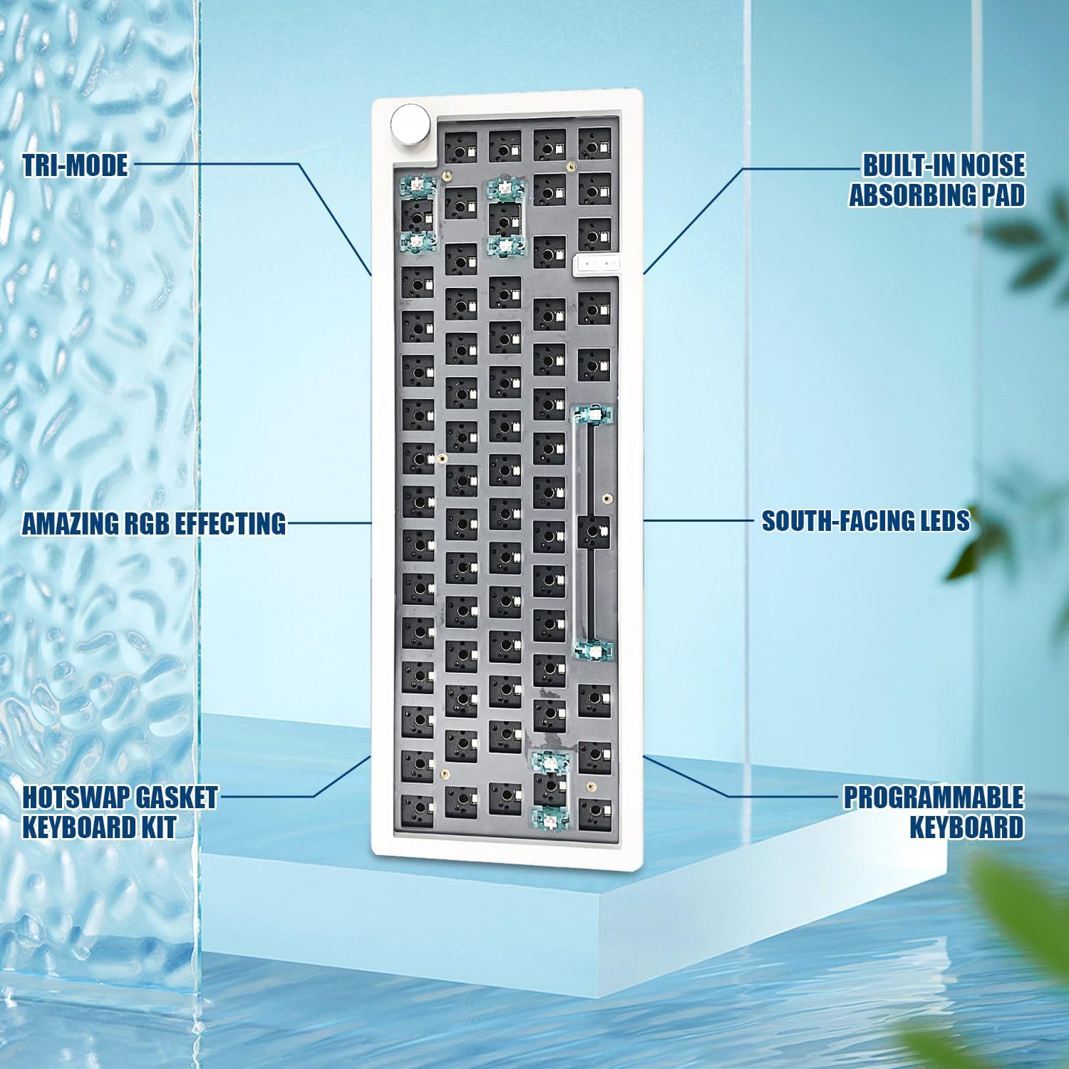 BOYI GMK67 65% Hot-Swappable Mechanical Keyboard Kit - Bluetooth 5.0/2.4G/Type-C Tri-Mode Wireless, RGB Backlit, Customizable PCB Mounting Plate with EVA Sound Insulation Mat (White with Knob) - Perfect for Gaming, Typing & Office Work