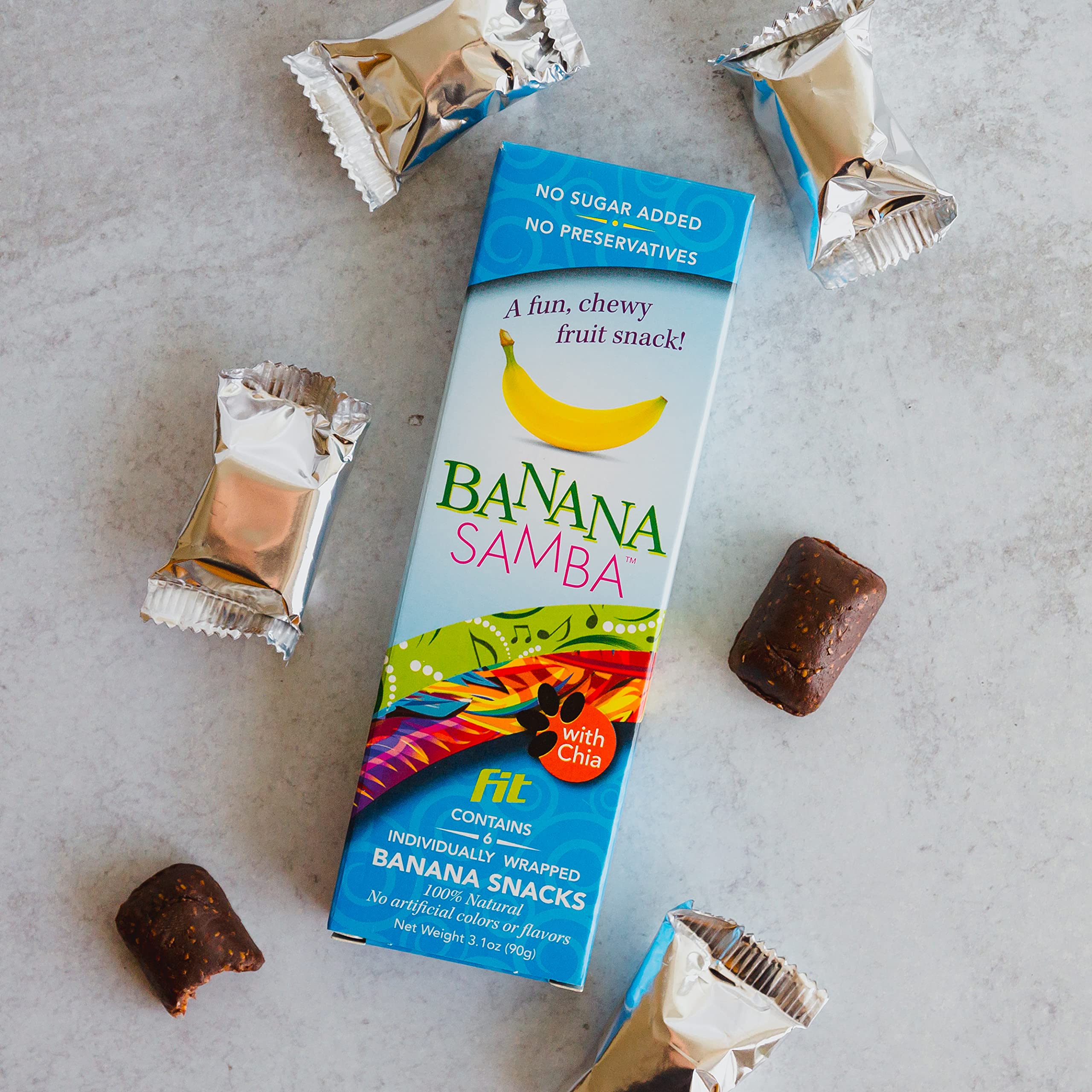 Organic Banana Samba Fit Chewy Fruit Snacks with Chia Seeds - 6 Individually Wrapped Packs (3.1oz) - Healthy On-the-Go Snack for Kids & Adults - Perfect for Lunchboxes, Hiking & Office Breaks
