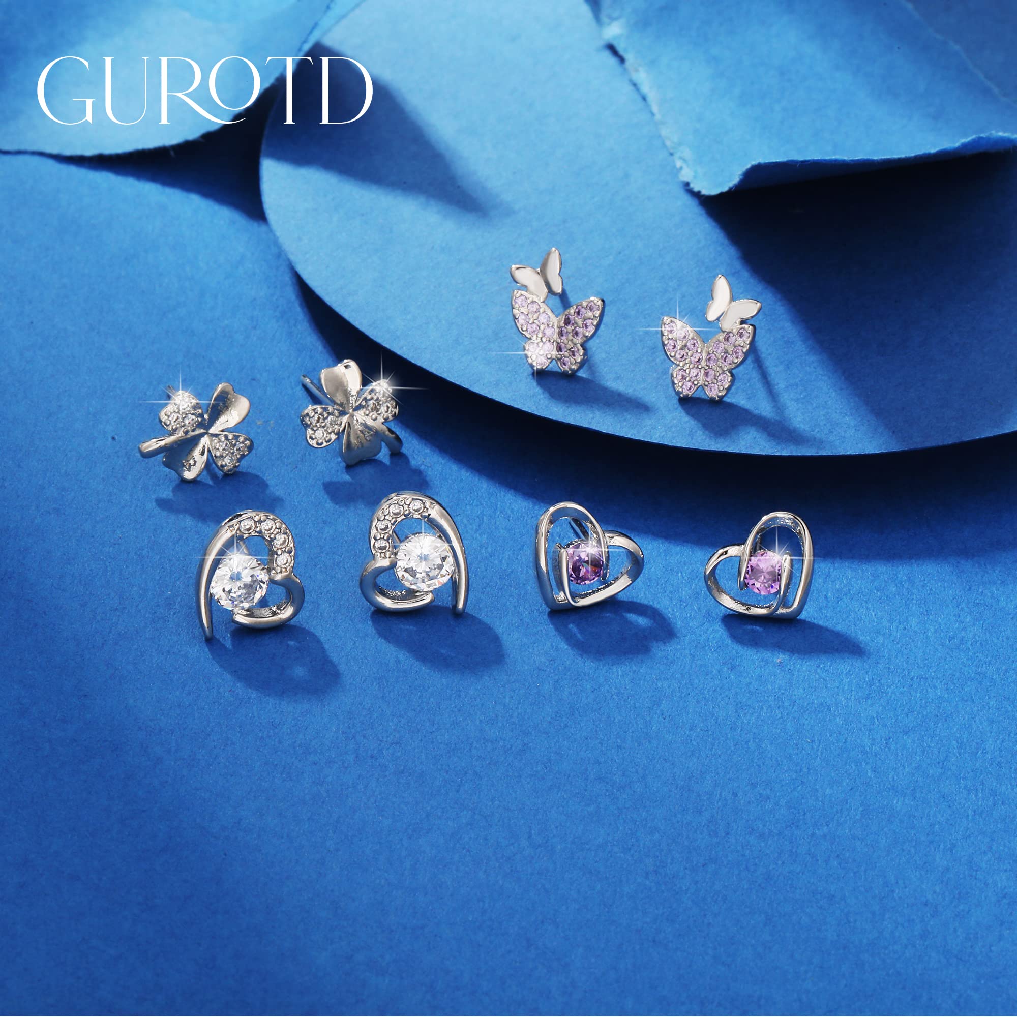 4 Pairs Sterling Silver 925 Stud Earrings for Women & Girls - Tiny Flower, Heart & Butterfly CZ Earrings Set | Hypoallergenic Cubic Zirconia Diamond Studs | Perfect for Everyday Wear, Gifts & Special Occasions
