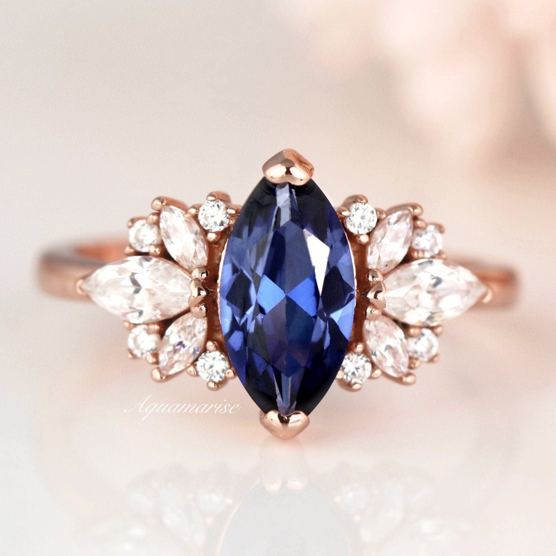 Exquisite 14K Rose Gold Vermeil Marquise Sapphire Ring | Ceylon Gemstone Jewelry for Women | Perfect for Engagement, Anniversary & Special Occasions