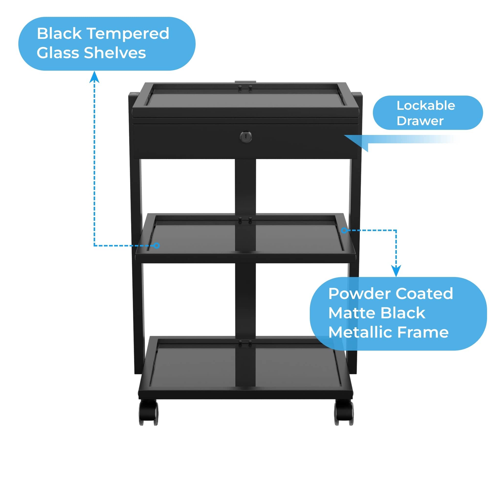 Premium 3-Tier Glass Beauty Trolley with Locking Drawer - Professional Salon Organizer for Makeup, Nail & Hair Tools (1040A) - Perfect for Salon, Spa & Home Beauty Stations