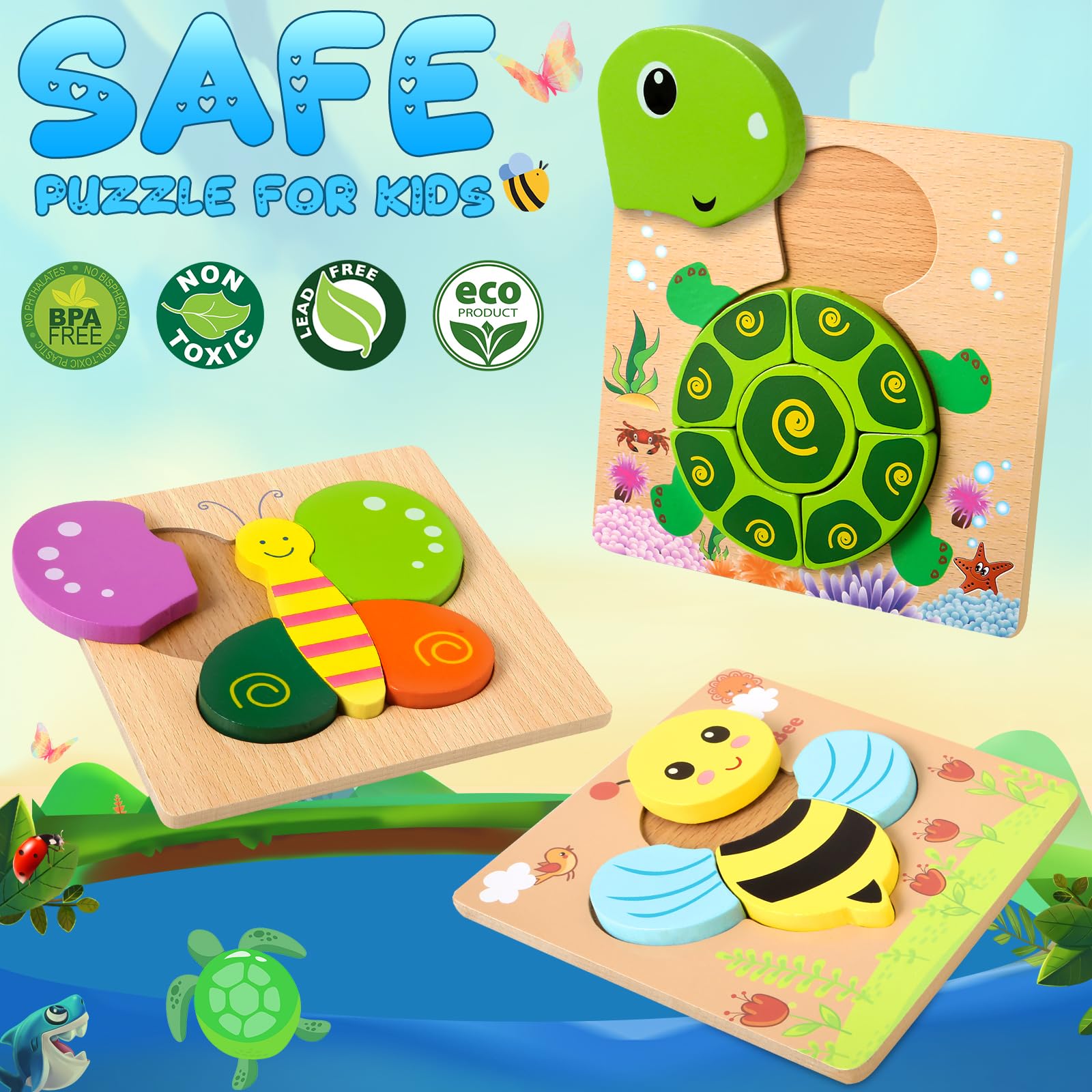 Montessori Wooden Animal Jigsaw Puzzles for Toddlers Age 1-4 Years Old - 6 Pack Educational Learning Toys for Boys & Girls - Preschool Activities, Autism Therapy, Birthday Gifts & Travel Entertainment