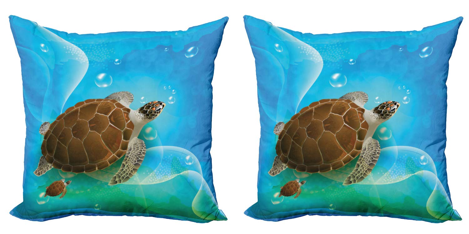 Ambesonne Ocean Decorative Throw Pillow Covers Set of 2 - Turtle Family Swimming in Underwater Bubbles Cartoon Design, 16 Inch Square Cushion Covers for Sofa, Bed & Living Room - Green Blue Brown Home Decor | Perfect for Coastal Theme Bedrooms, Beach House Decor & Marine Life Lovers