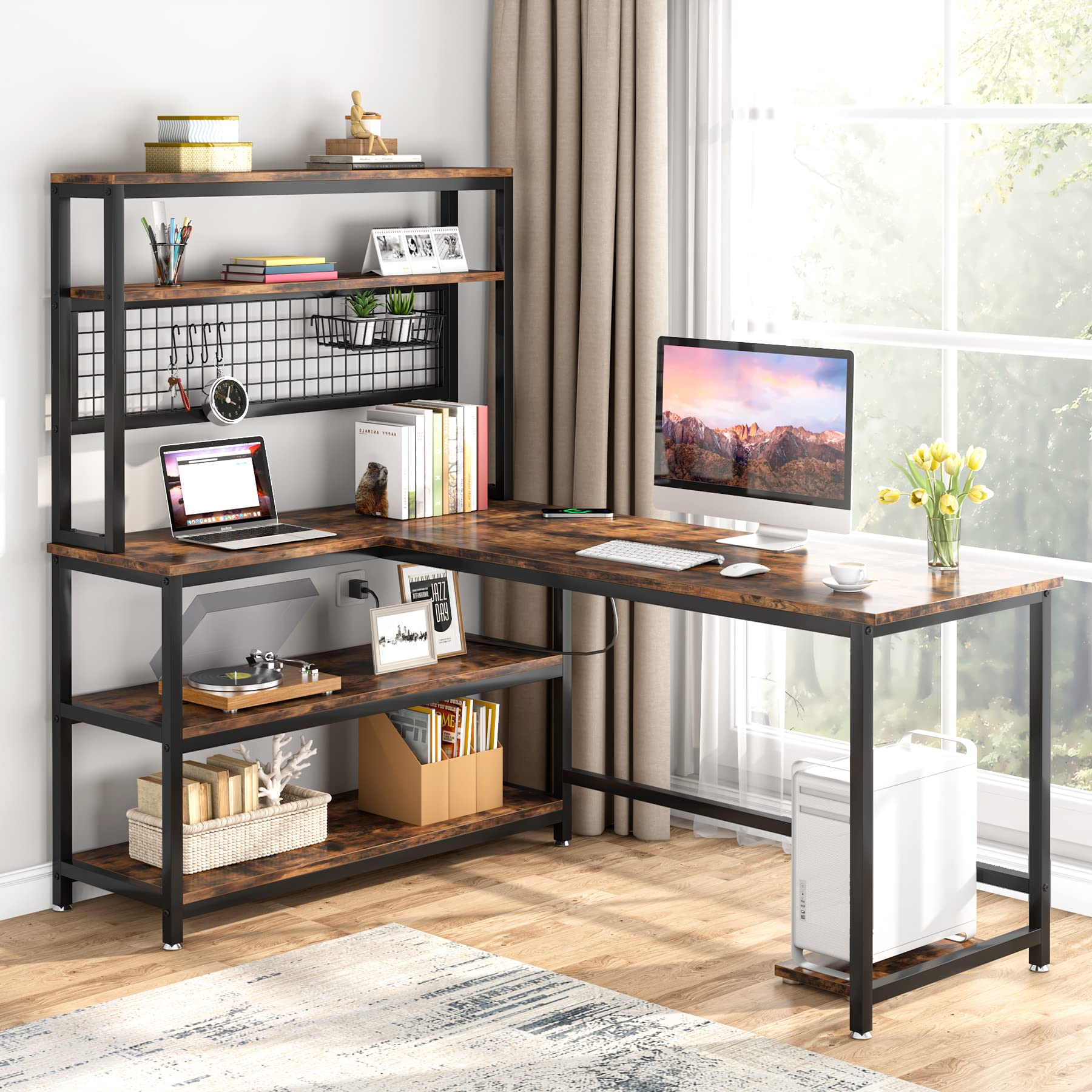 Tribesigns 55 Inch Reversible Large Computer Desk with Wireless Charging - Home Office Desk, Study Table, Writing Desk Workstation with 4 Storage Shelves & Hutch Bookshelf - Perfect for Remote Work, Online Classes & Small Spaces, Brown