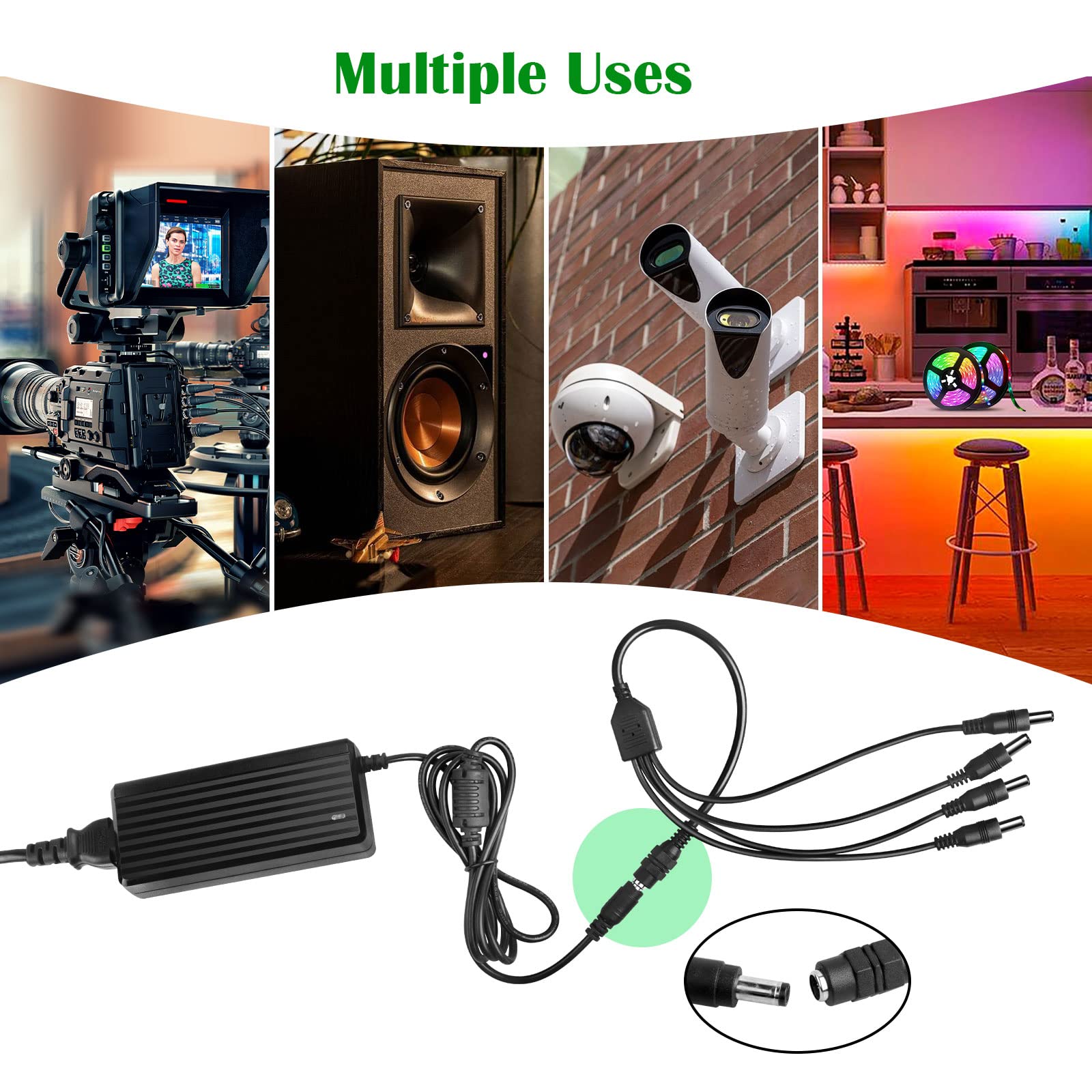 12V 5A Power Supply Adapter - AC 100-240V to DC 12 Volt 60W Converter with 4-Way Splitter Cable - for LED Strip Lights, CCTV Cameras & Security Systems - Perfect for Home, Office & Commercial Lighting Installations