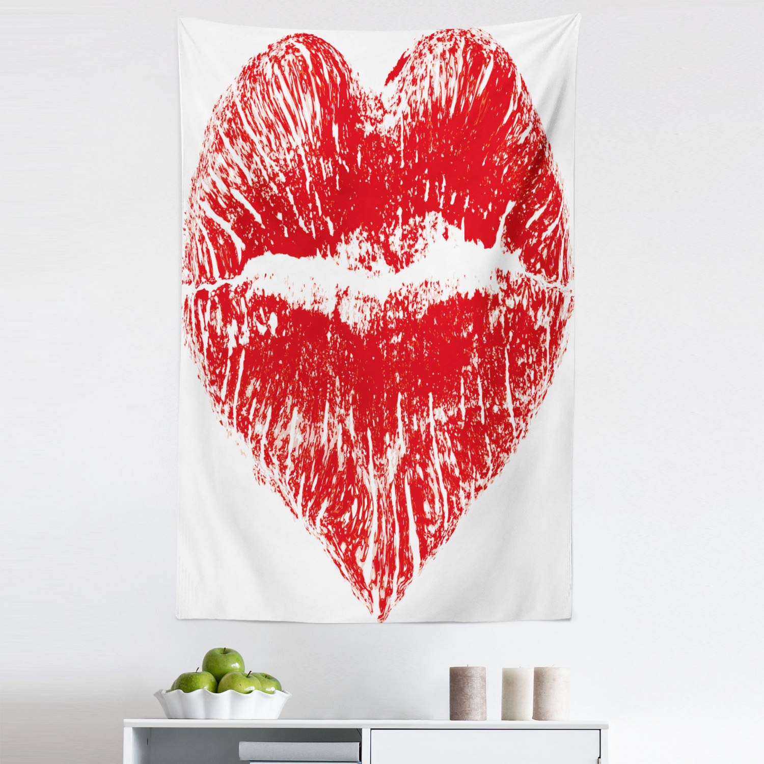 Ambesonne Romantic Kiss Tapestry - Red Lipstick Heart Design Wall Art for Bedroom, Living Room & Dorm Decor (30