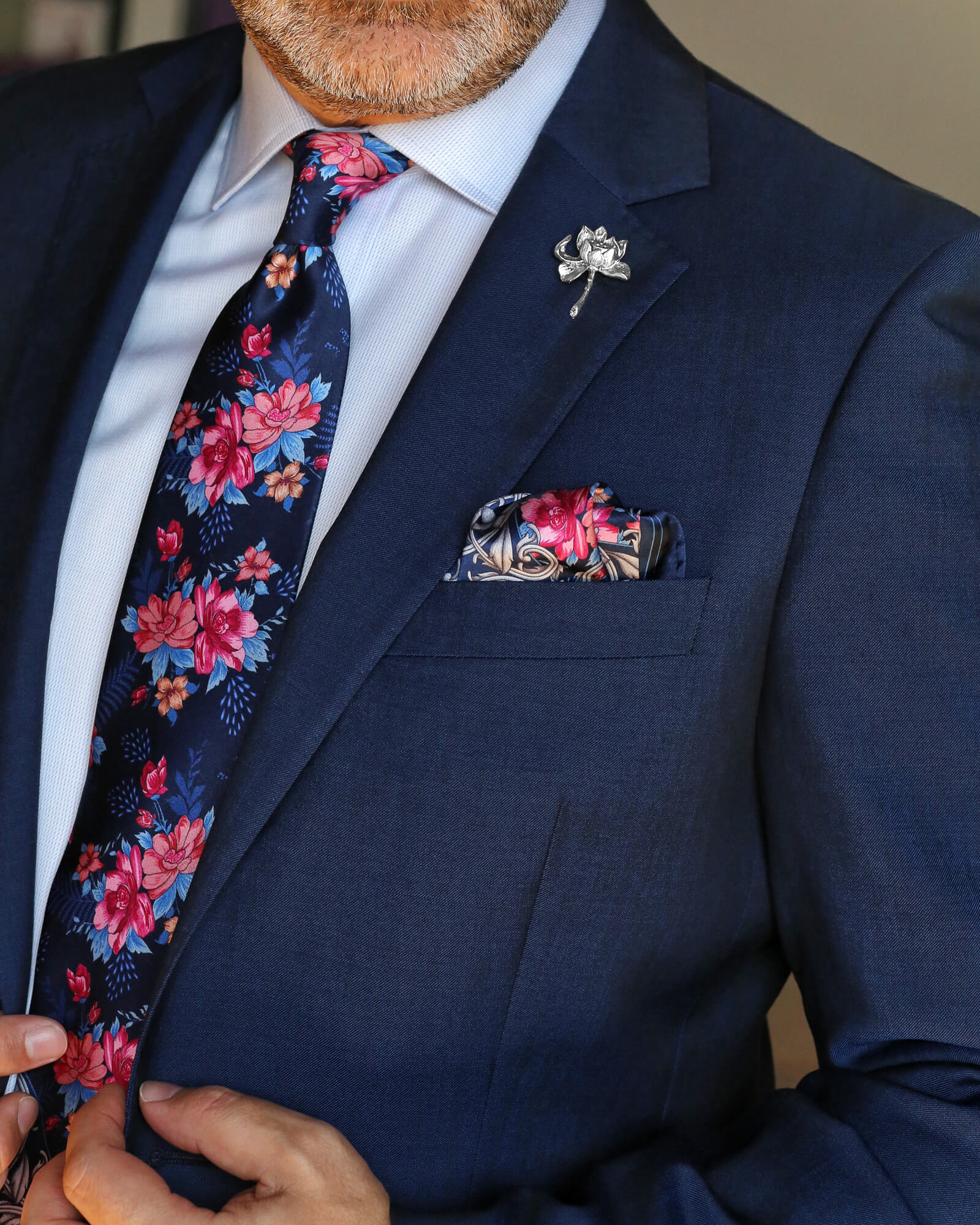 Silvio Fiorello Buccheri Blue Floral Pocket Square - Elegant Men's Accessory for Weddings, Business & Formal Events