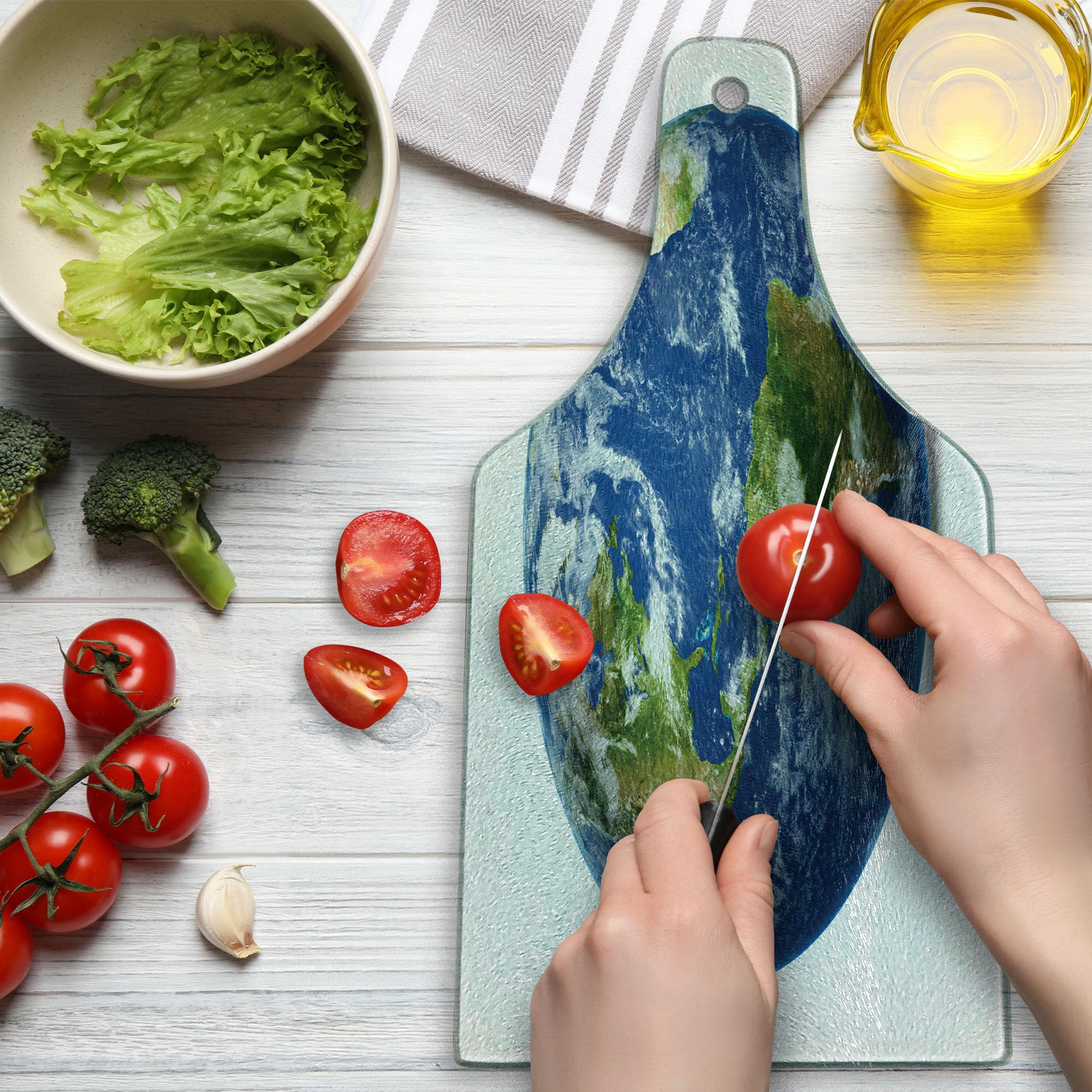 Lunarable World Map Cutting Board - Satellite View of Planet Earth with Continents & Clouds - Decorative Tempered Glass Serving Board for Kitchen & Dining - Wine Bottle Shaped in Navy Blue, Green & White - Perfect for Entertaining, Gift Giving & Home Decor