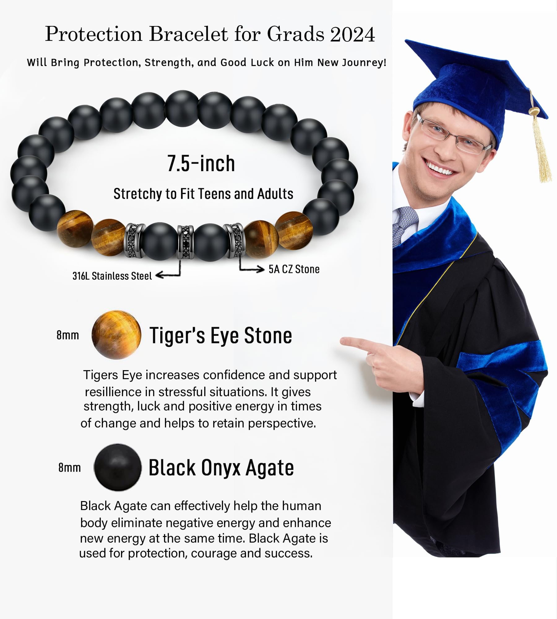 TONY & SANDY Tiger Eye Bead Bracelet for Men - Graduation Gift for Him, Son, Grandson, Nephew - Cool College, Middle & High School Graduation Present (5th, 8th, 12th Grade) - Perfect for Commencement Ceremonies & Celebrations