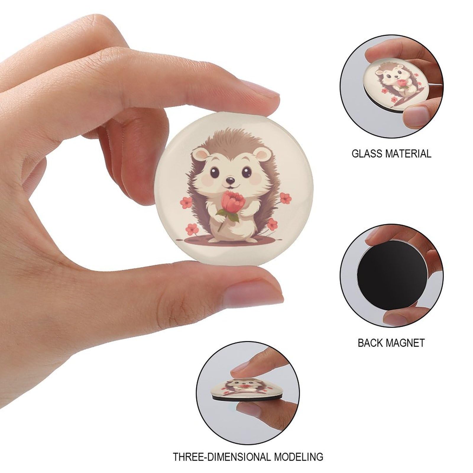 Cute Hedgehog with Flower Glass Refrigerator Magnets - 2 Pack Round Fridge Stickers for Kitchen, Office & Cabinet Decor - Perfect for Adding Charm to Appliances and Metal Surfaces