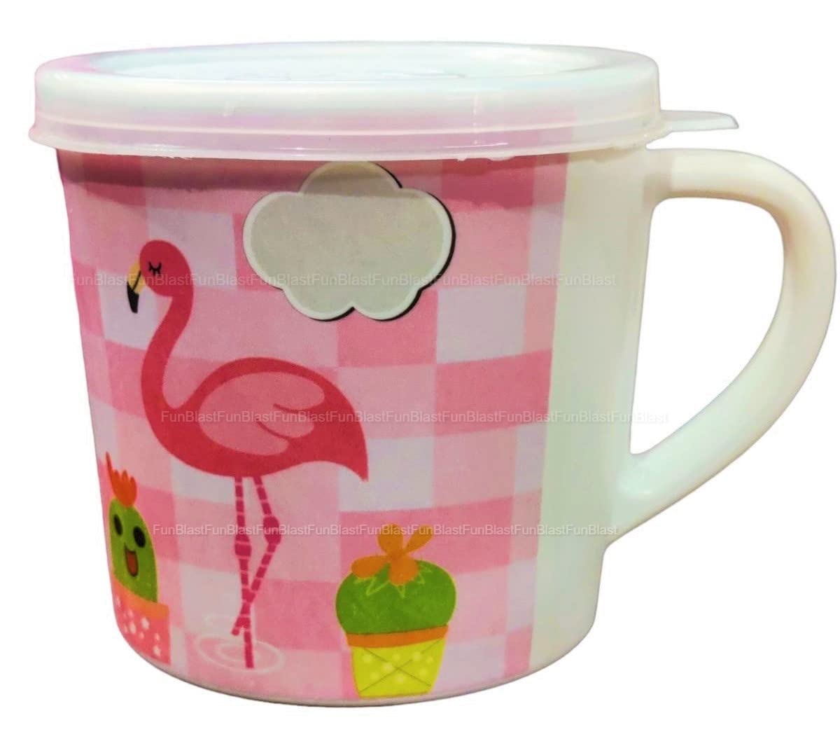 FunBlast Kids Milk Mug with Lid – BPA-Free Cartoon Flamingo Design, Bamboo Fiber Cup for Toddlers & Children, 260ml Leak-Proof Handle Mug – Perfect for School, Travel, and Home Use