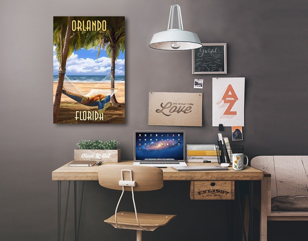 Lantern Press Orlando Florida Palms and Hammock Wall Art - 16x24 Wrapped Canvas Print for Beach House Decor, Tropical Living Room & Bedroom Wall Decor