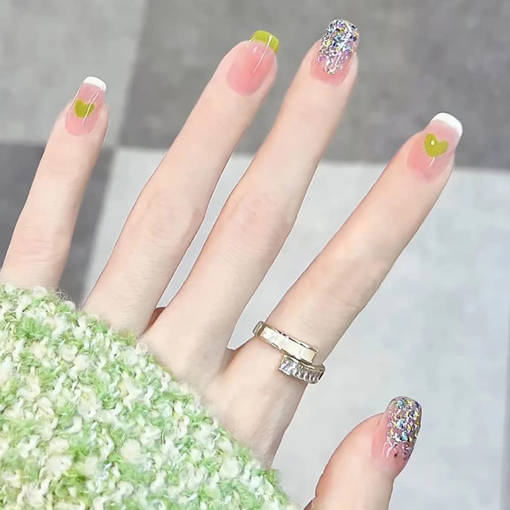24Pcs French Tip Press on Nails Short Coffin Fake Nails with Heart Glitter Design - Full Cover Summer Artificial Nails for Women & Girls - Perfect for Parties, Weddings, and Daily Manicures