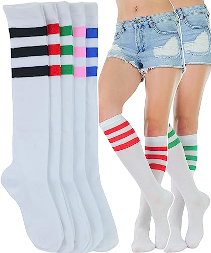 6 Pack: Full Body White Socks With Triple Colored Stripes
