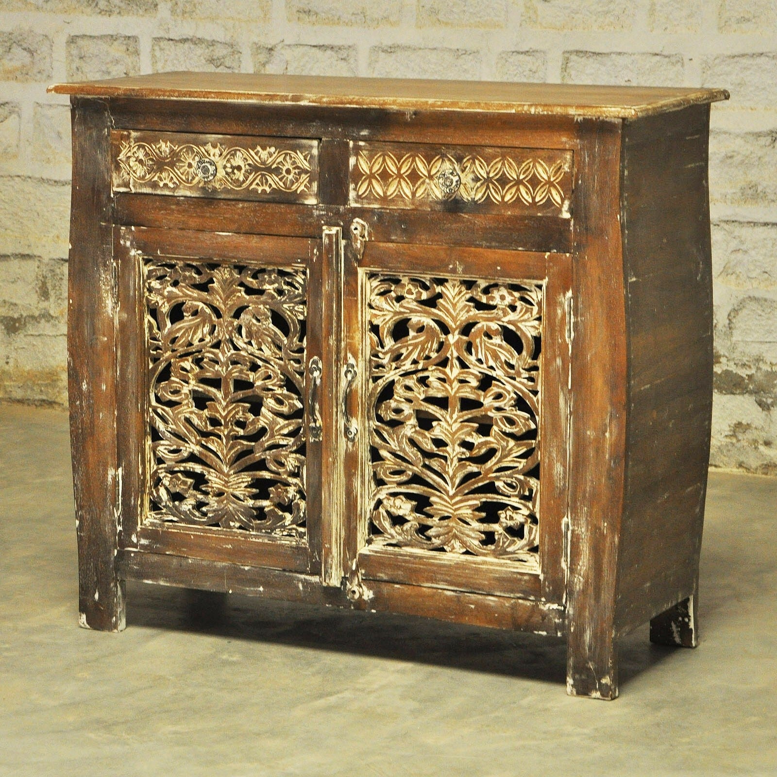 French Colonial Solid Wood Jali Carved Sideboard - Antique Brown Buffet Cabinet for Dining Room, Living Room & Entryway Storage
