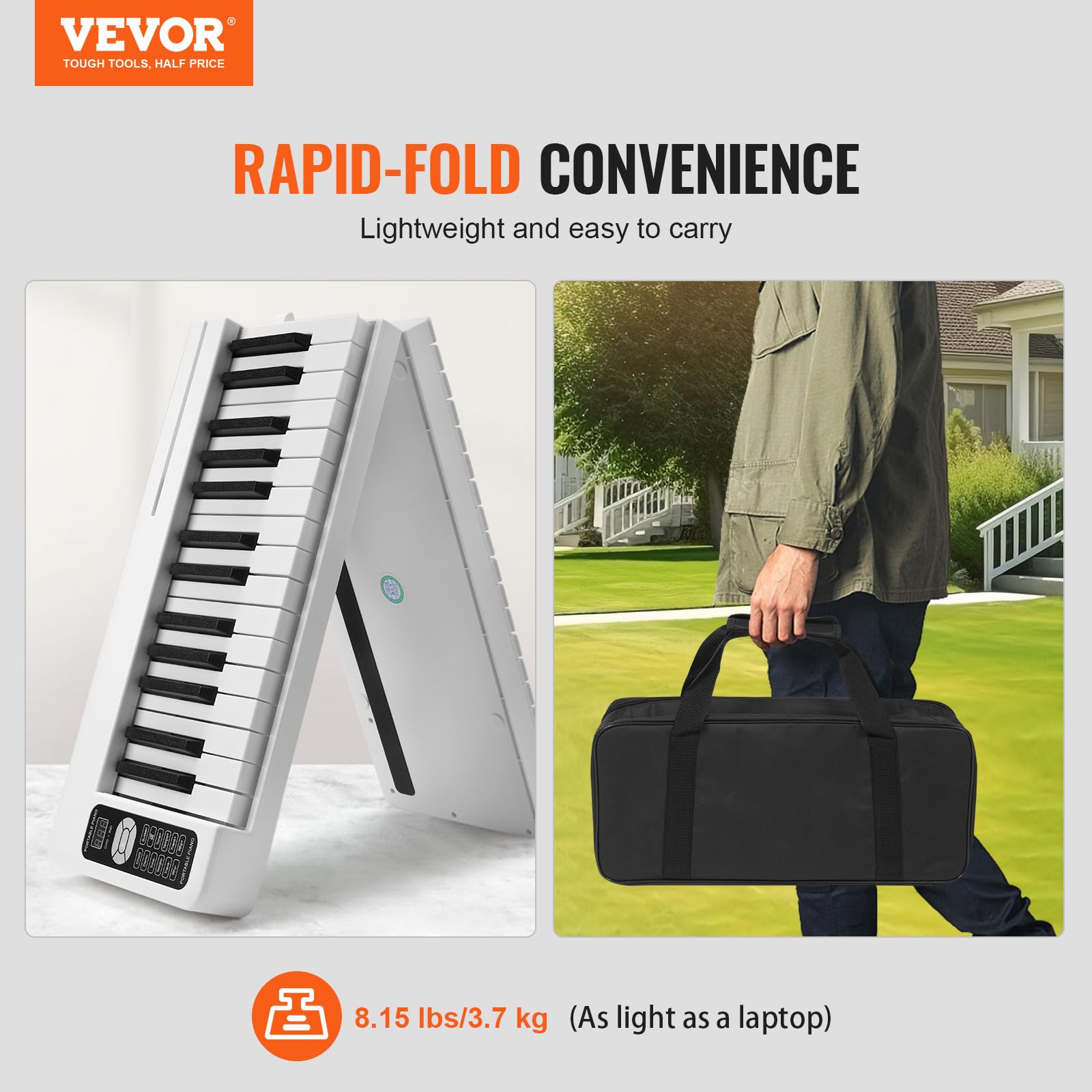 VEVOR 61-Key Portable Electronic Digital Piano with Bluetooth & MIDI, Foldable Keyboard with Touch Sensitive Keys, Sustain Pedal & Lighted Carrying Bag - Rechargeable Beginner Piano for Teens & Adults (White, BX-11) - Perfect for Home Practice, Travel & Music Learning