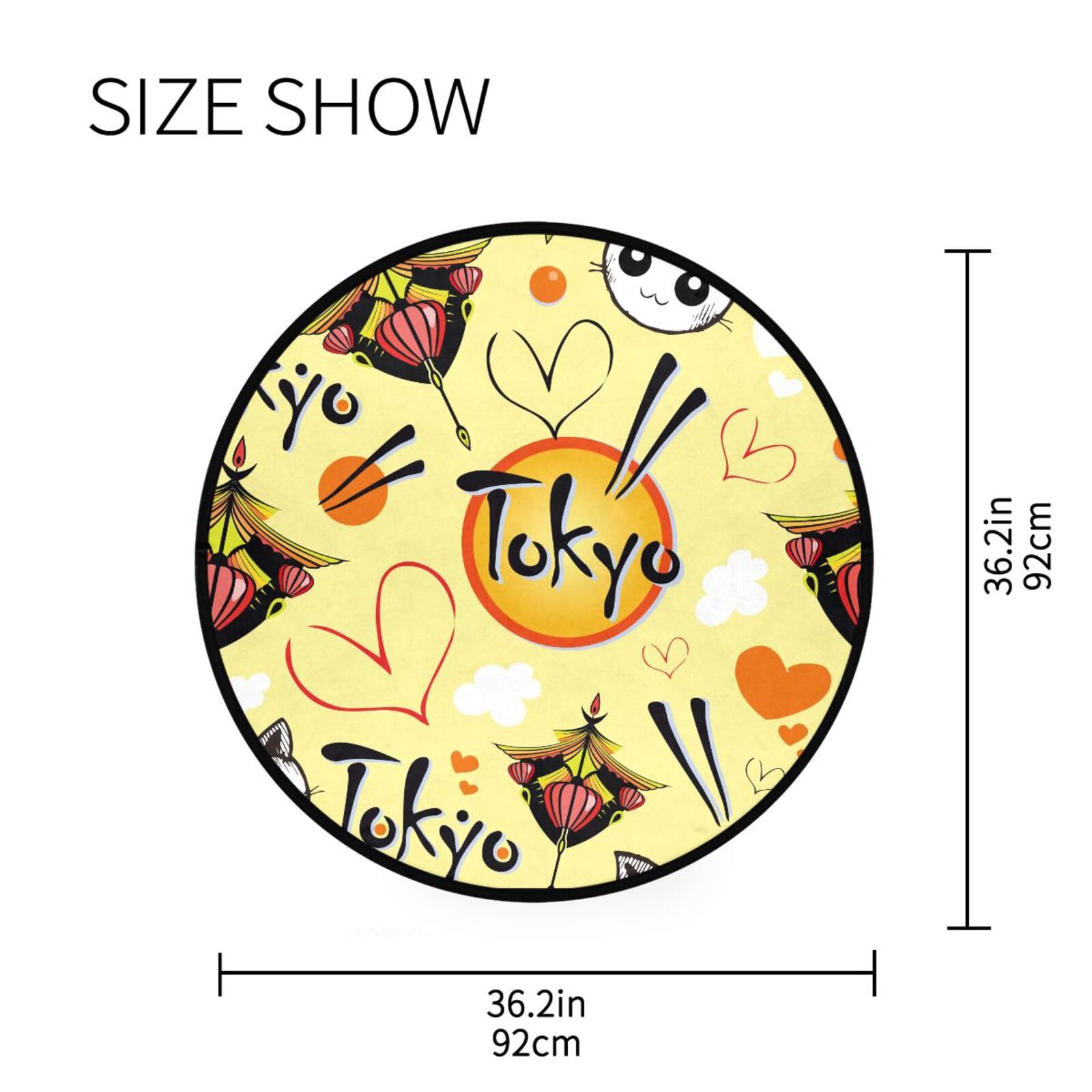Japanese Cat Tokyo Pattern Round 3 ft Washable Non-Slip Area Rug - Yellow Circle Floor Mat for Bedroom, Living Room, Bathroom, Kitchen & Dorm Decor | Perfect for Cozy Home, Pet-Friendly Spaces & Small Apartment Flooring