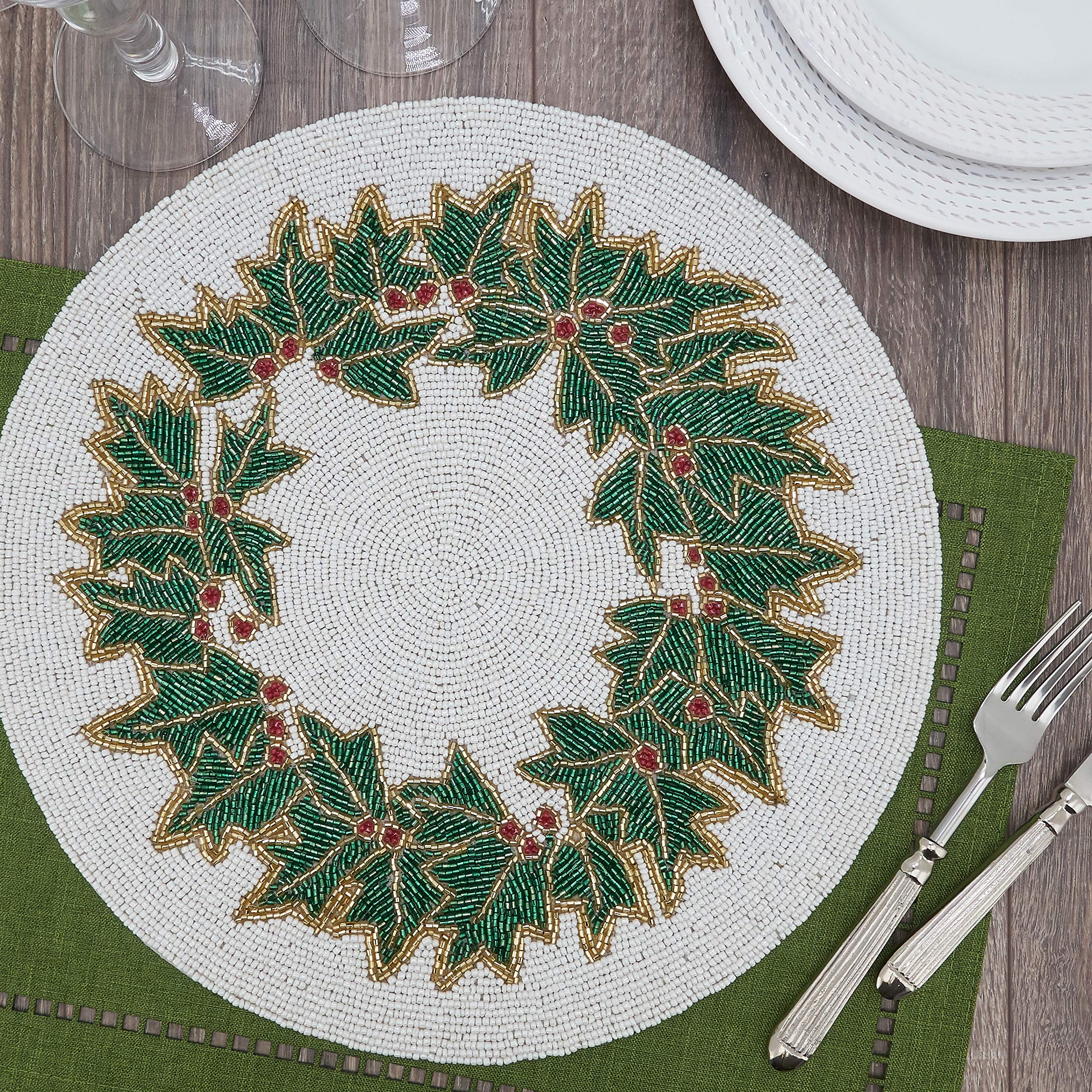 Beaded Holly Placemats Set of 4 - Elegant Christmas Table Decor for Holiday Dining & Party Settings