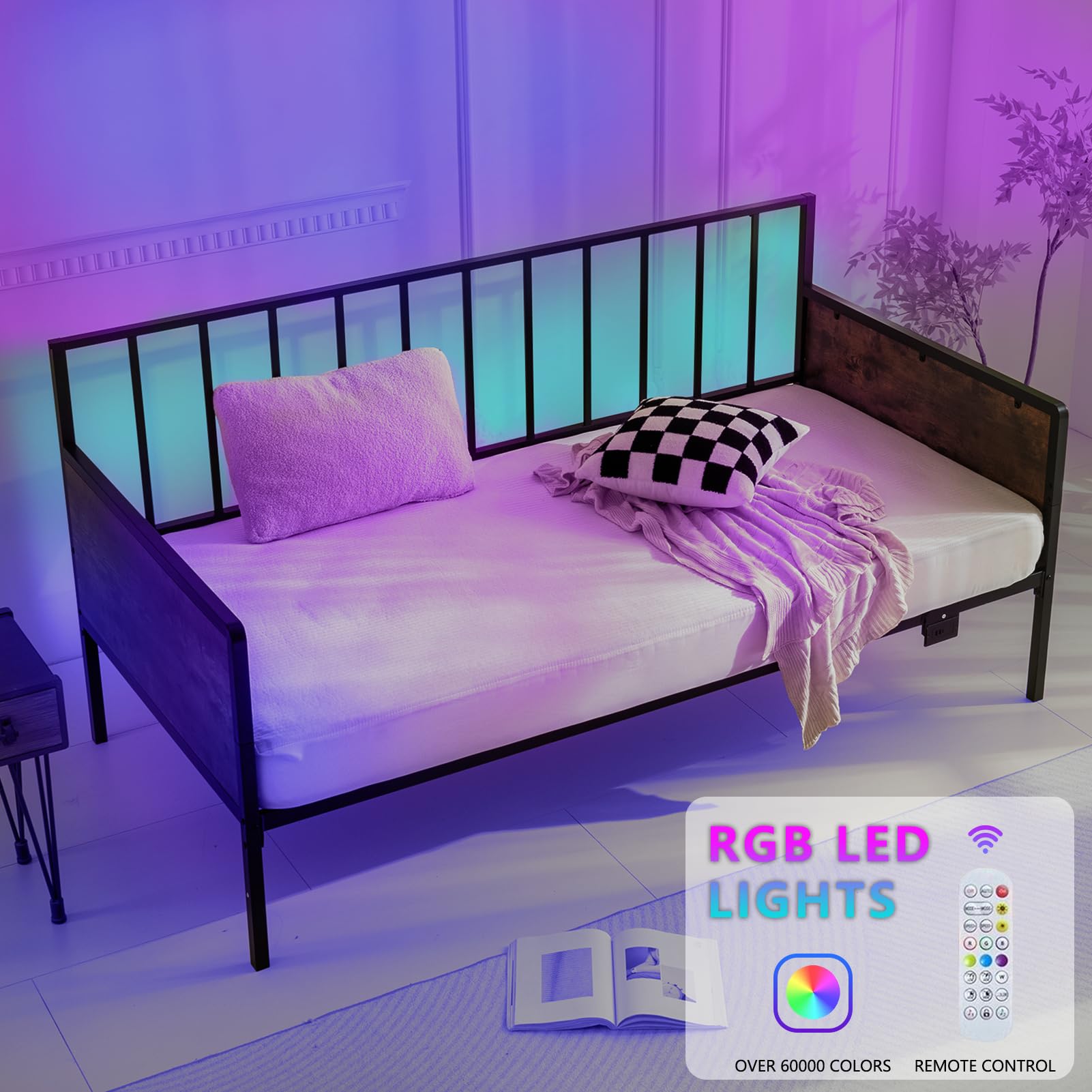 MAXYOYO Farmhouse Metal Daybed with USB Charging Station & LED Lights - Sturdy Day Bed Frame for Living Room, Guest Room, or Dorm - Perfect for Relaxing, Napping & Stylish Home Decor