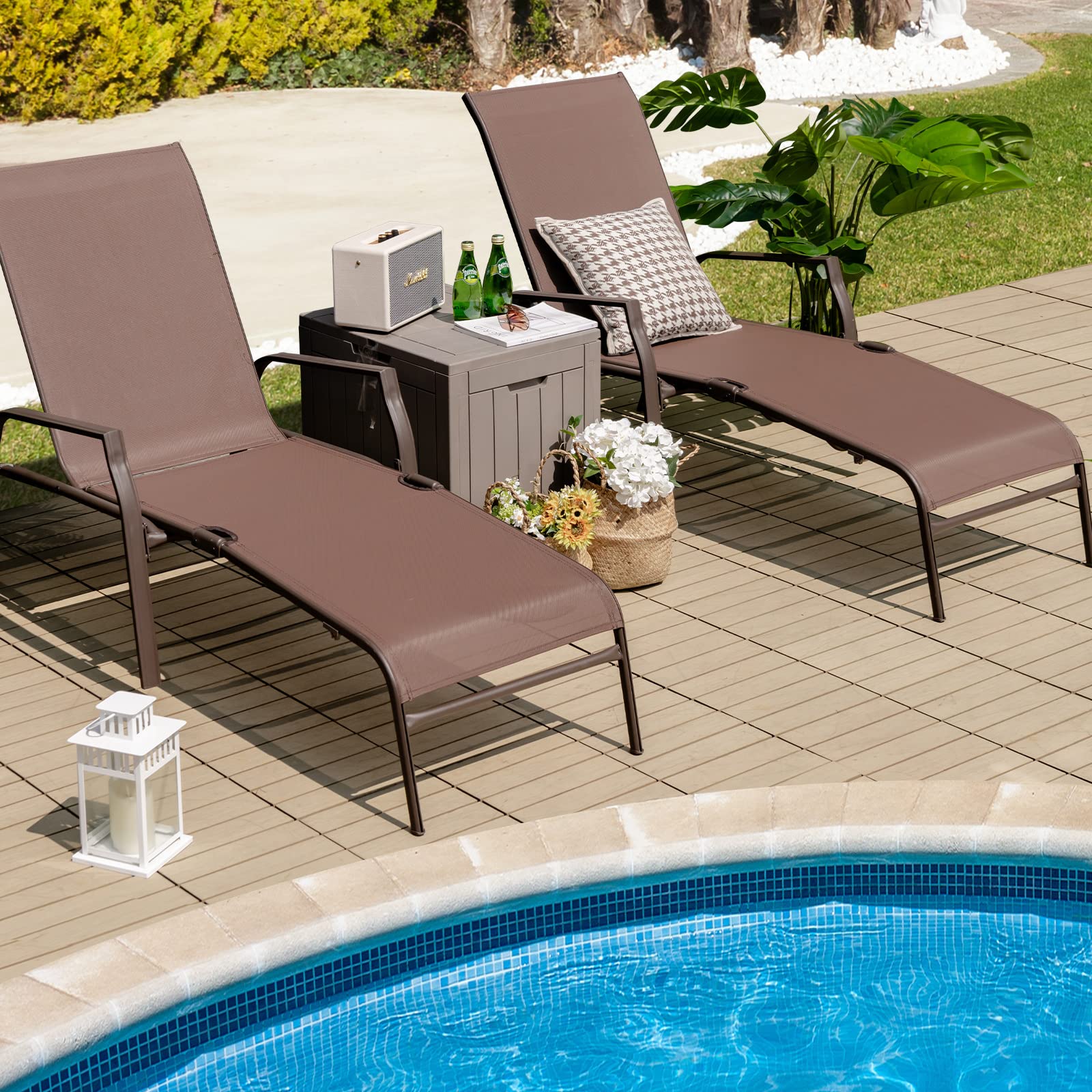 Tangkula 2-Piece Adjustable Folding Stackable Patio Lounge Chairs Set - Heavy Duty Steel Frame, 5-Position Reclining Backrest - Perfect for Poolside, Backyard, Beach & Outdoor Relaxation (Brown)