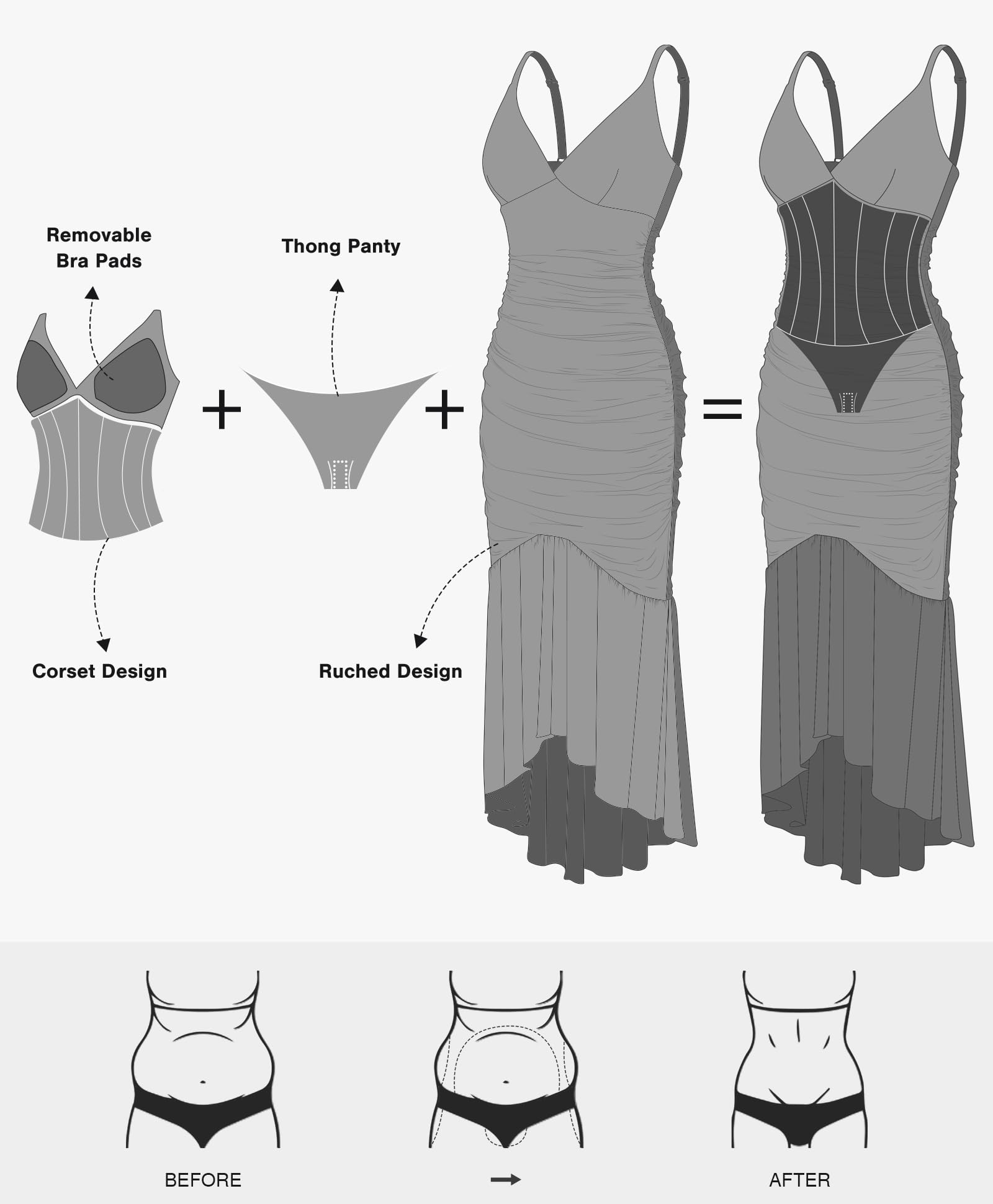 Popilush Corset Dress with Built-in Shapewear | Women's Bodycon Cocktail Dress | Deep V Neck Mesh Ruched Maxi Dress for Wedding Guest & Evening Party | Perfect for Formal Events, Date Night & Special Occasions