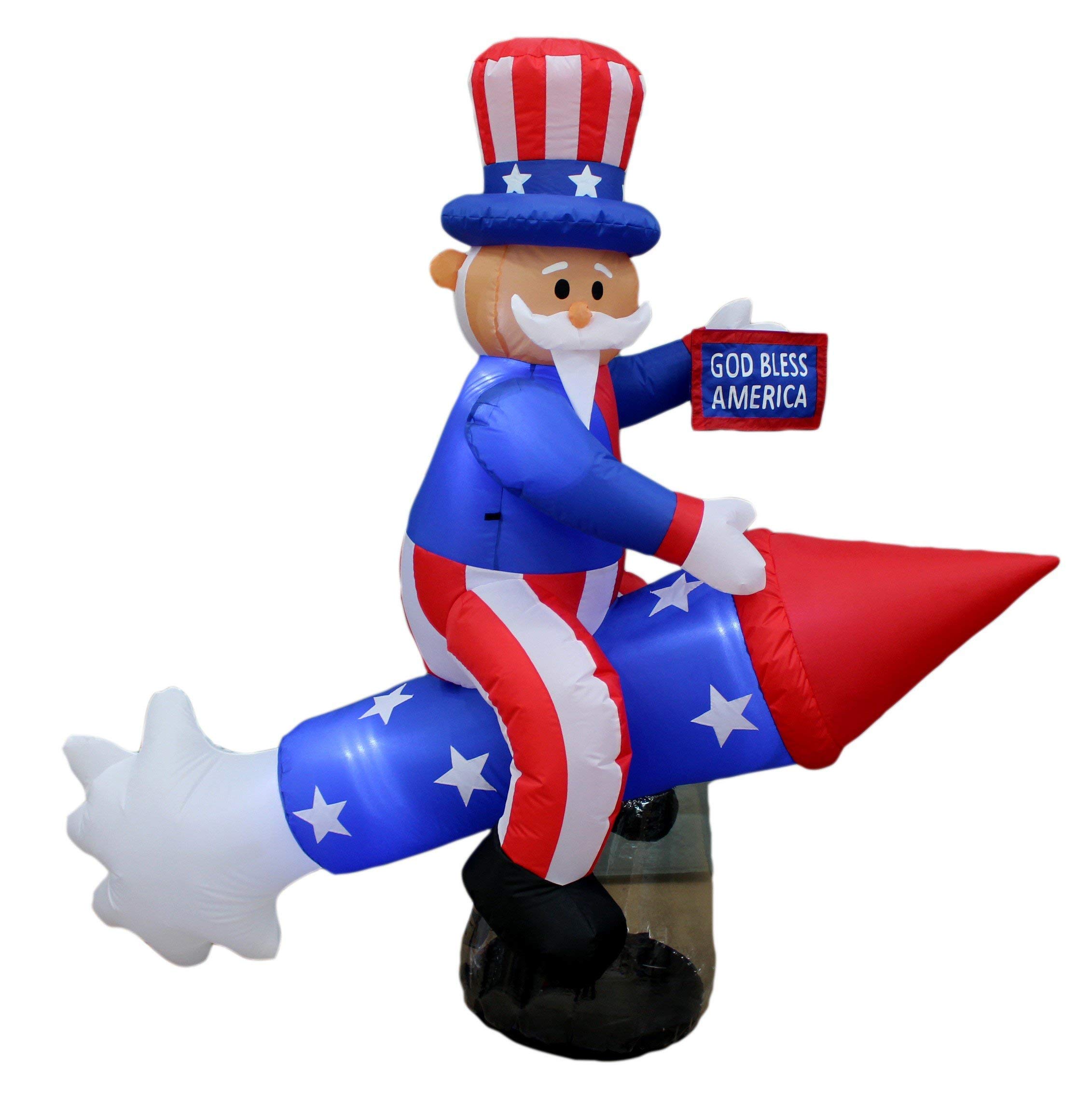 4ft Inflatable Easter Bunny with Cart & 6ft Inflatable Uncle Sam on Rocket Ship - Patriotic Party Decorations Bundle for Easter & Independence Day Celebrations, Backyard Decor, Holiday Events