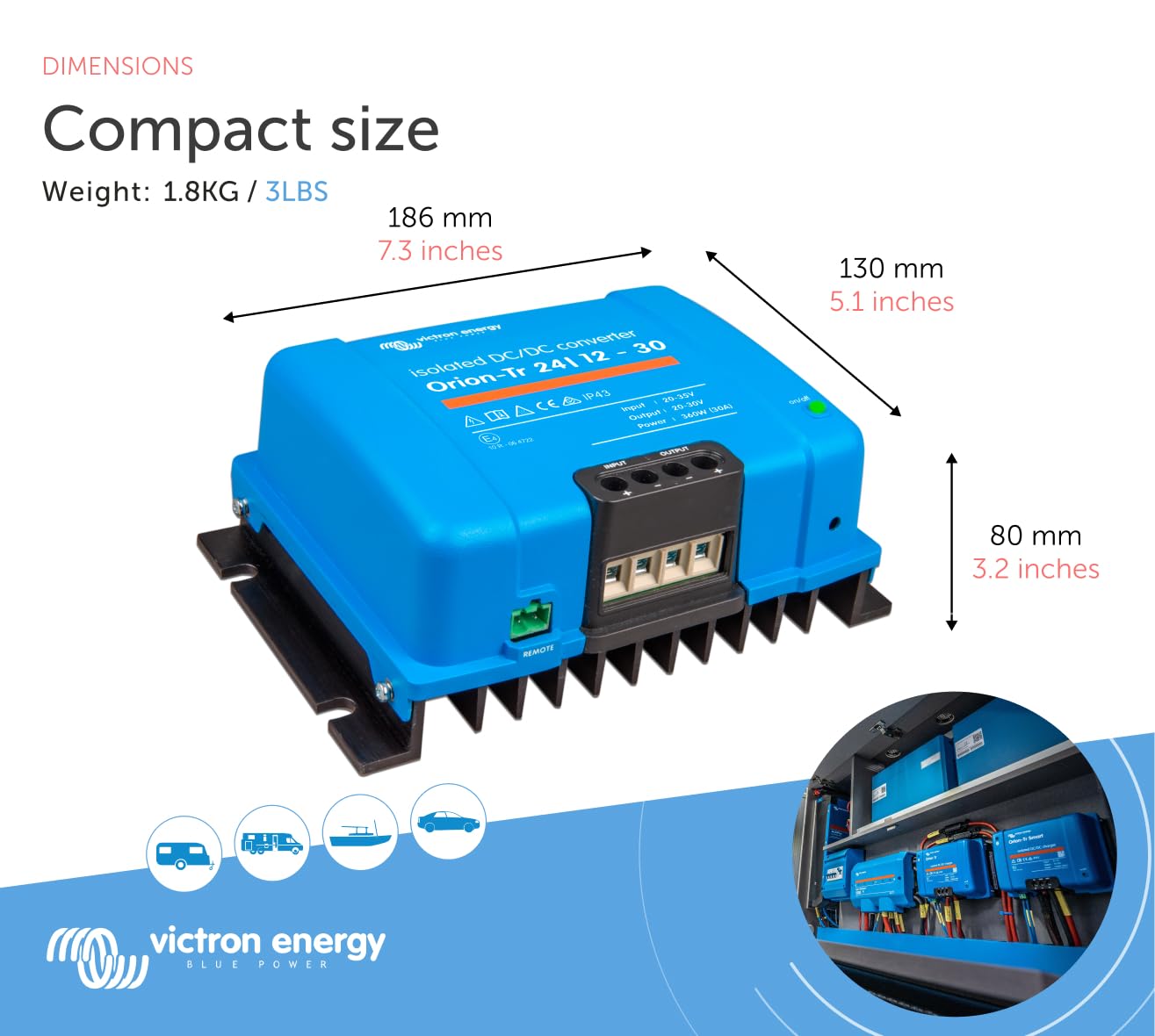 Victron Energy Orion-Tr IP43 24V to 12V 30A 360W Isolated DC-DC Converter - Perfect for Marine, RV, and Off-Grid Solar Power Systems